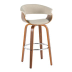 Vintage Mod 30" Fixed-Height Barstool - Set of 2 - Walnut Wood, Chrome Metal, Cream Fabric