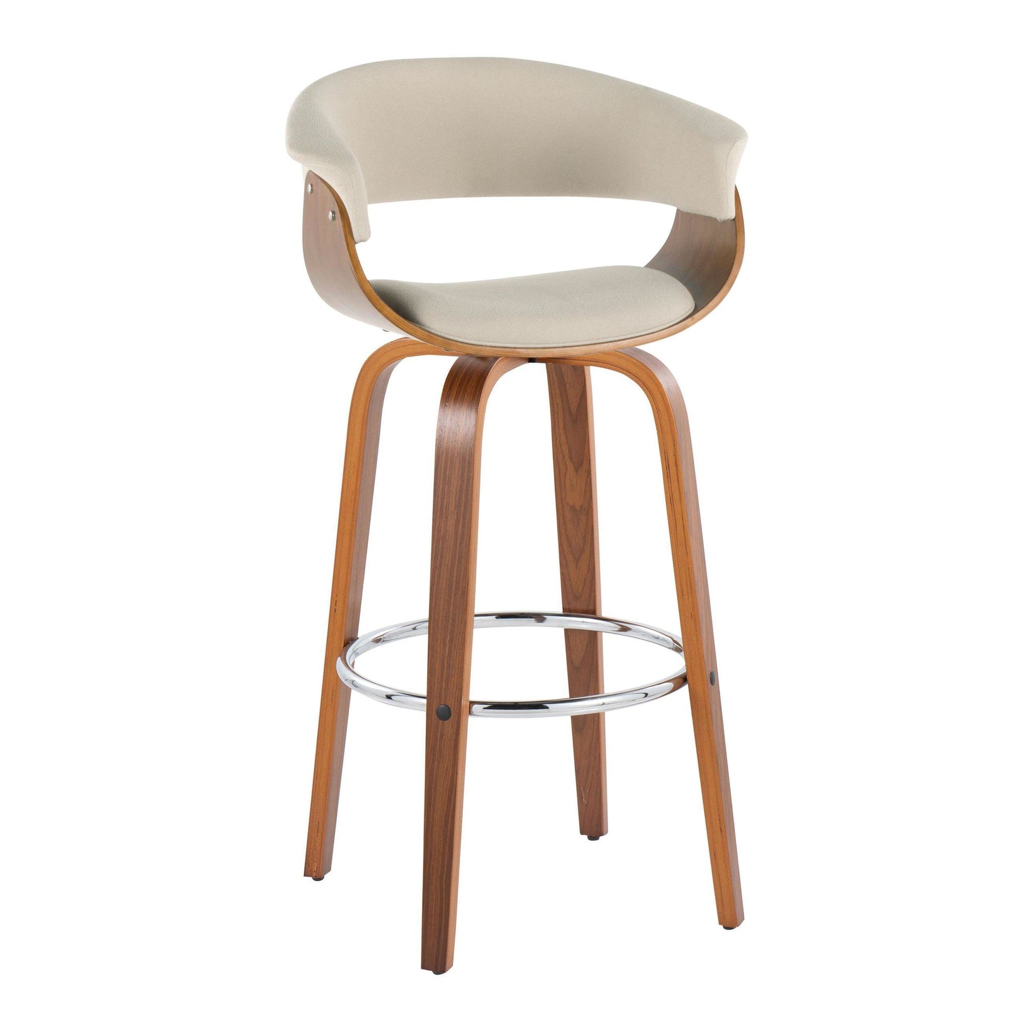 Vintage Mod 30" Fixed-Height Barstool - Set of 2 - Walnut Wood, Chrome Metal, Cream Fabric
