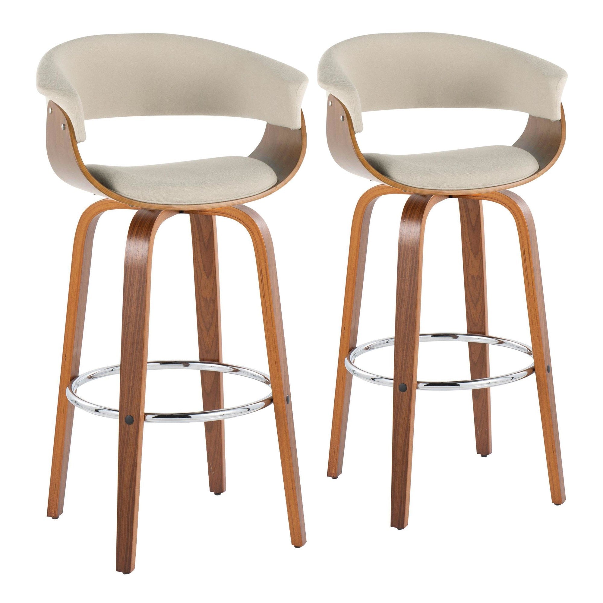 Vintage Mod 30" Fixed-Height Barstool - Set of 2 - Walnut Wood, Chrome Metal, Cream Fabric