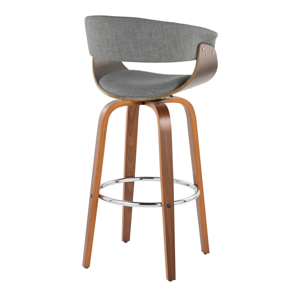 Vintage Mod 30" Fixed-Height Barstool - Set of 2 - Walnut Wood, Chrome Metal, Light Grey Fabric
