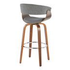 Vintage Mod 30" Fixed-Height Barstool - Set of 2 - Walnut Wood, Chrome Metal, Light Grey Fabric