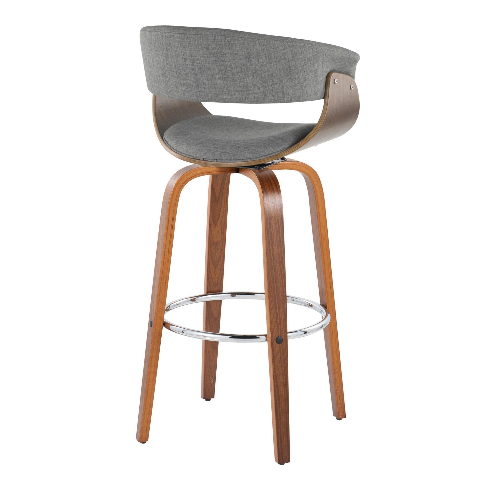 Vintage Mod 30" Fixed-Height Barstool - Set of 2 - Walnut Wood, Chrome Metal, Light Grey Fabric