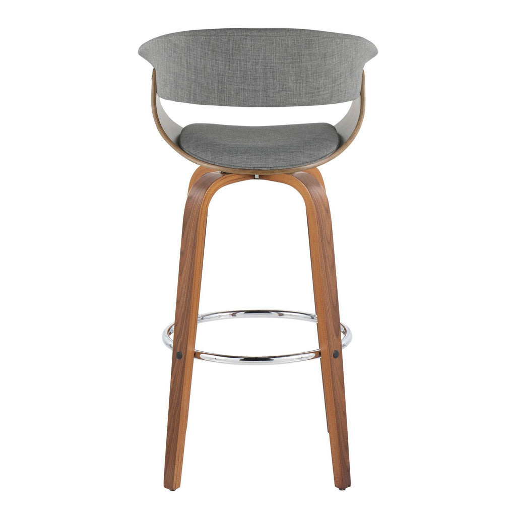 Vintage Mod 30" Fixed-Height Barstool - Set of 2 - Walnut Wood, Chrome Metal, Light Grey Fabric