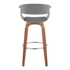 Vintage Mod 30" Fixed-Height Barstool - Set of 2 - Walnut Wood, Chrome Metal, Light Grey Fabric