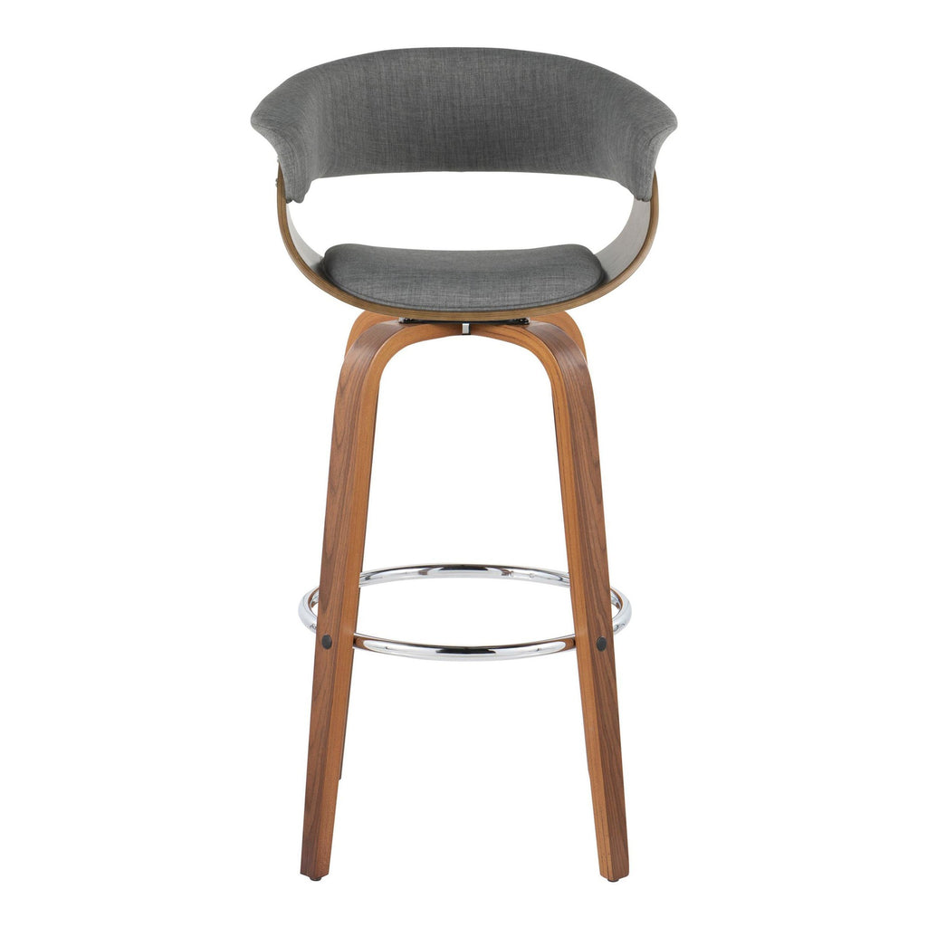 Vintage Mod 30" Fixed-Height Barstool - Set of 2 - Walnut Wood, Chrome Metal, Light Grey Fabric