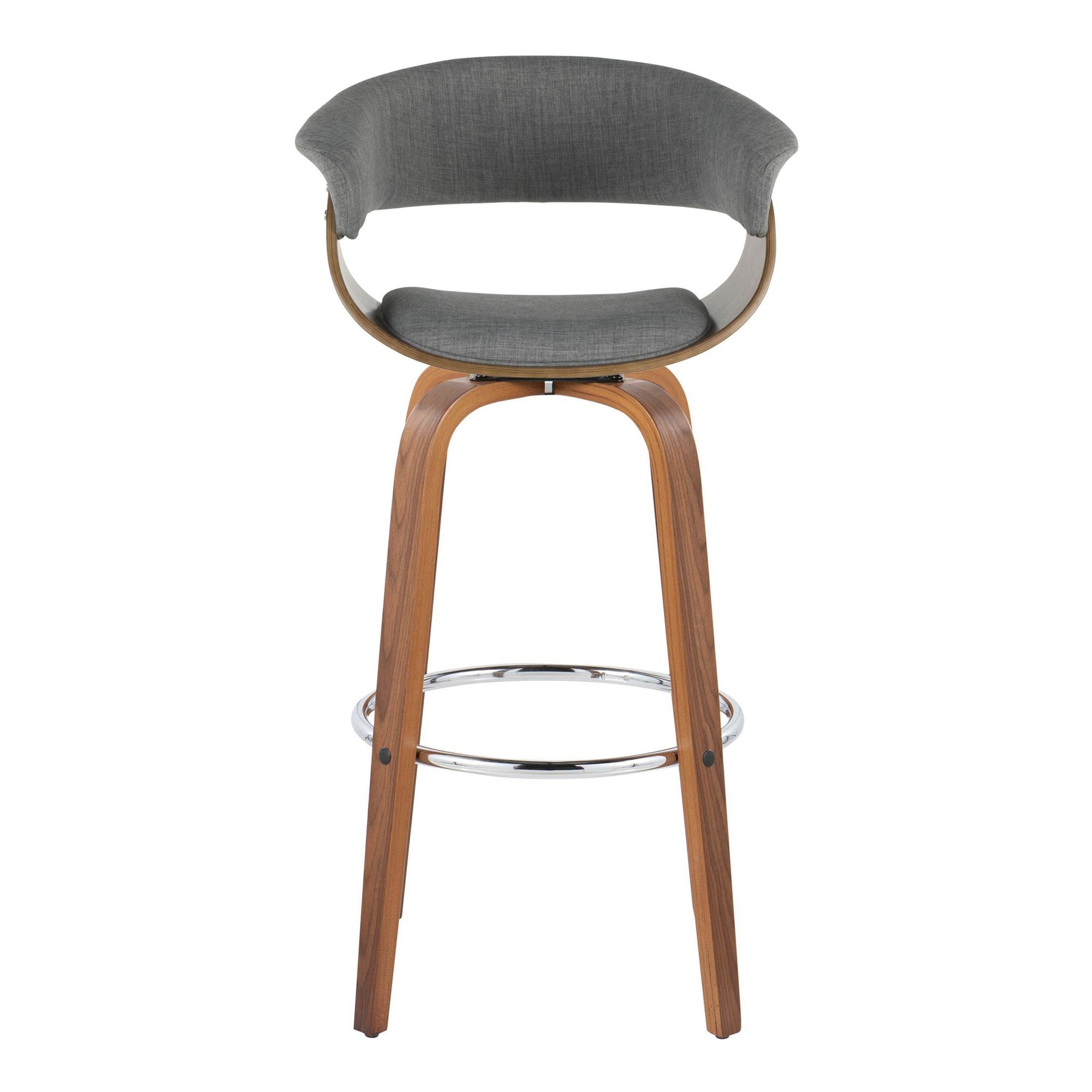 Vintage Mod 30" Fixed-Height Barstool - Set of 2 - Walnut Wood, Chrome Metal, Light Grey Fabric