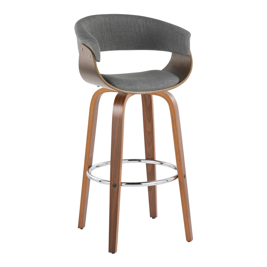 Vintage Mod 30" Fixed-Height Barstool - Set of 2 - Walnut Wood, Chrome Metal, Light Grey Fabric