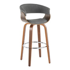 Vintage Mod 30" Fixed-Height Barstool - Set of 2 - Walnut Wood, Chrome Metal, Light Grey Fabric