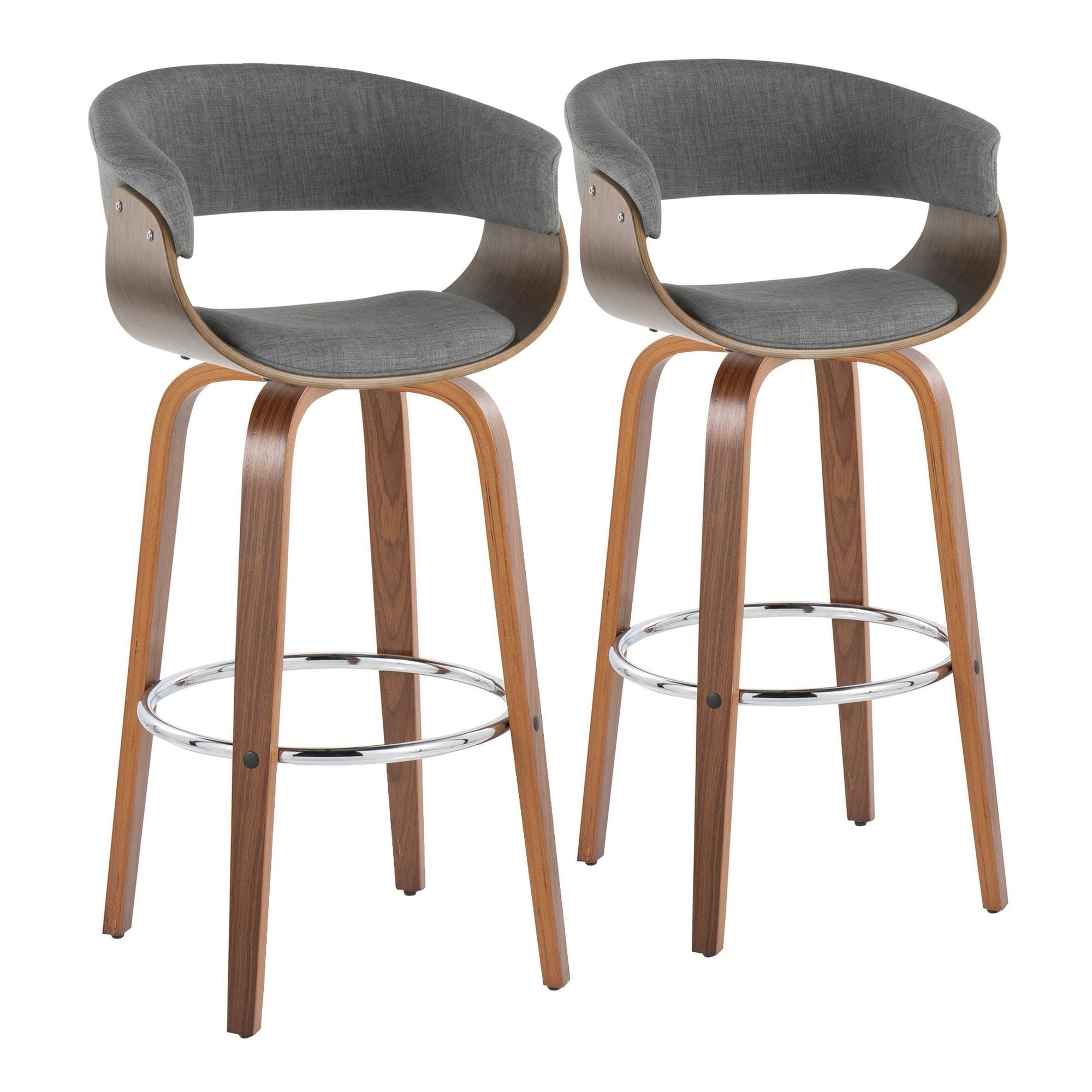 Vintage Mod 30" Fixed-Height Barstool - Set of 2 - Walnut Wood, Chrome Metal, Light Grey Fabric