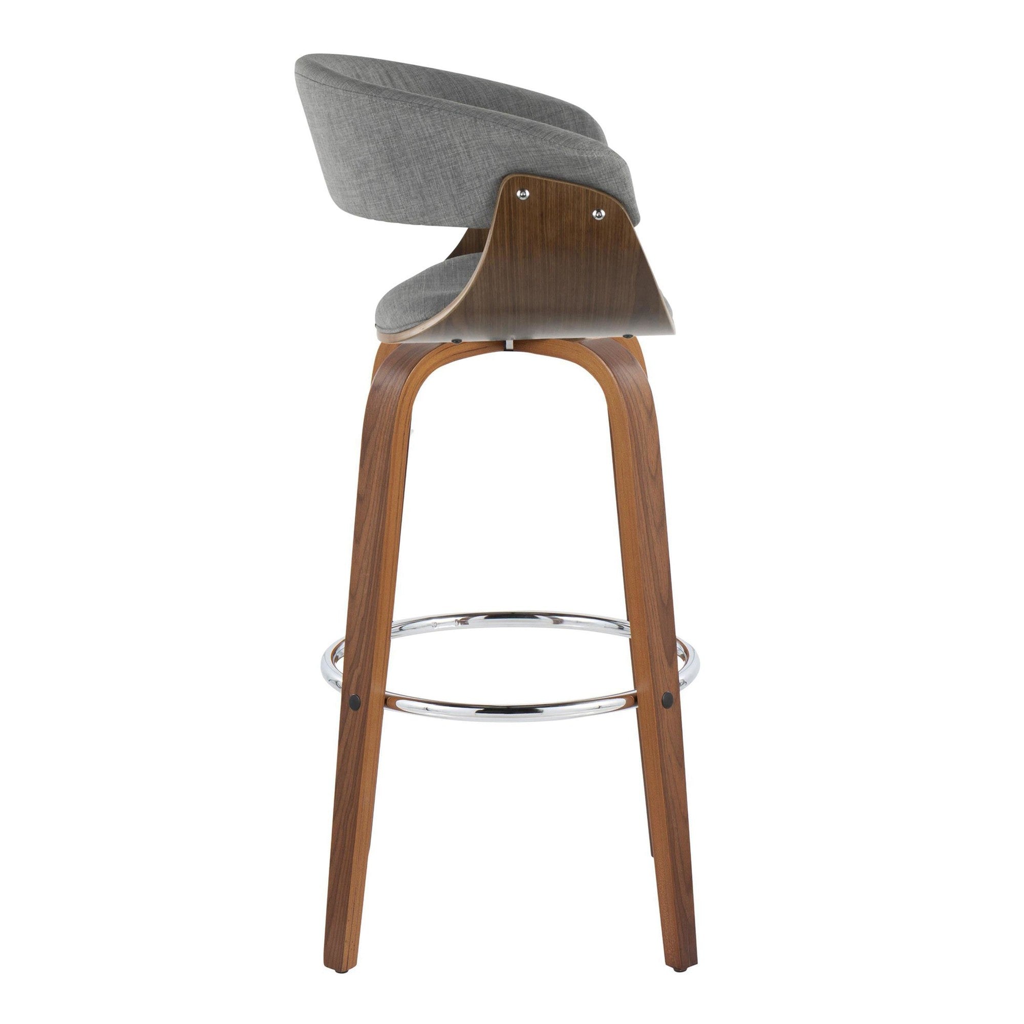 Vintage Mod 30" Fixed-Height Barstool - Set of 2 - Walnut Wood, Chrome Metal, Light Grey Fabric
