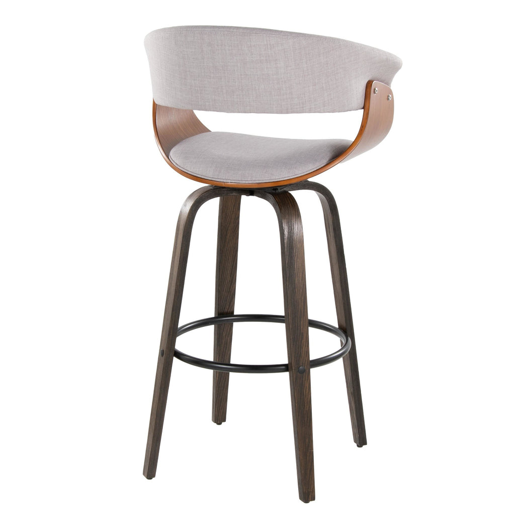 Vintage Mod 30" Fixed-Height Barstool - Set of 2 - Black Metal, Walnut Wood, Stone Fabric, Walnut Glazed Wood