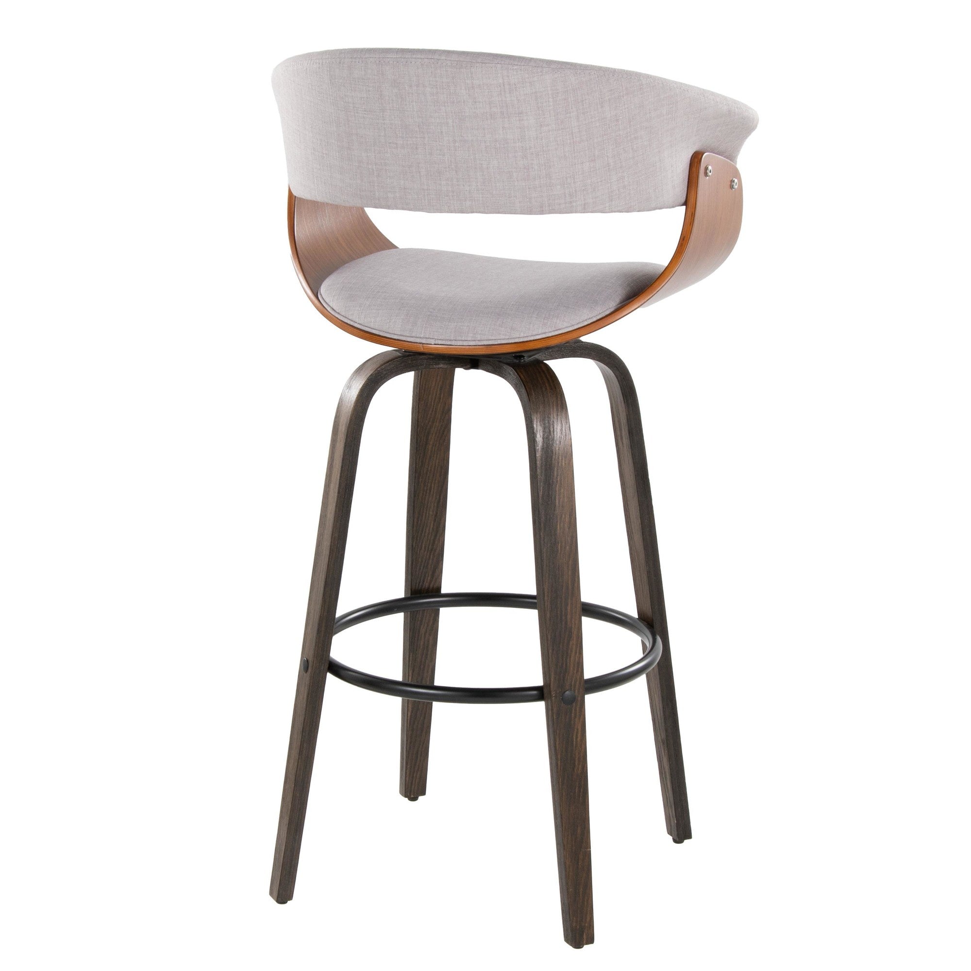 Vintage Mod 30" Fixed-Height Barstool - Set of 2 - Black Metal, Walnut Wood, Stone Fabric, Walnut Glazed Wood