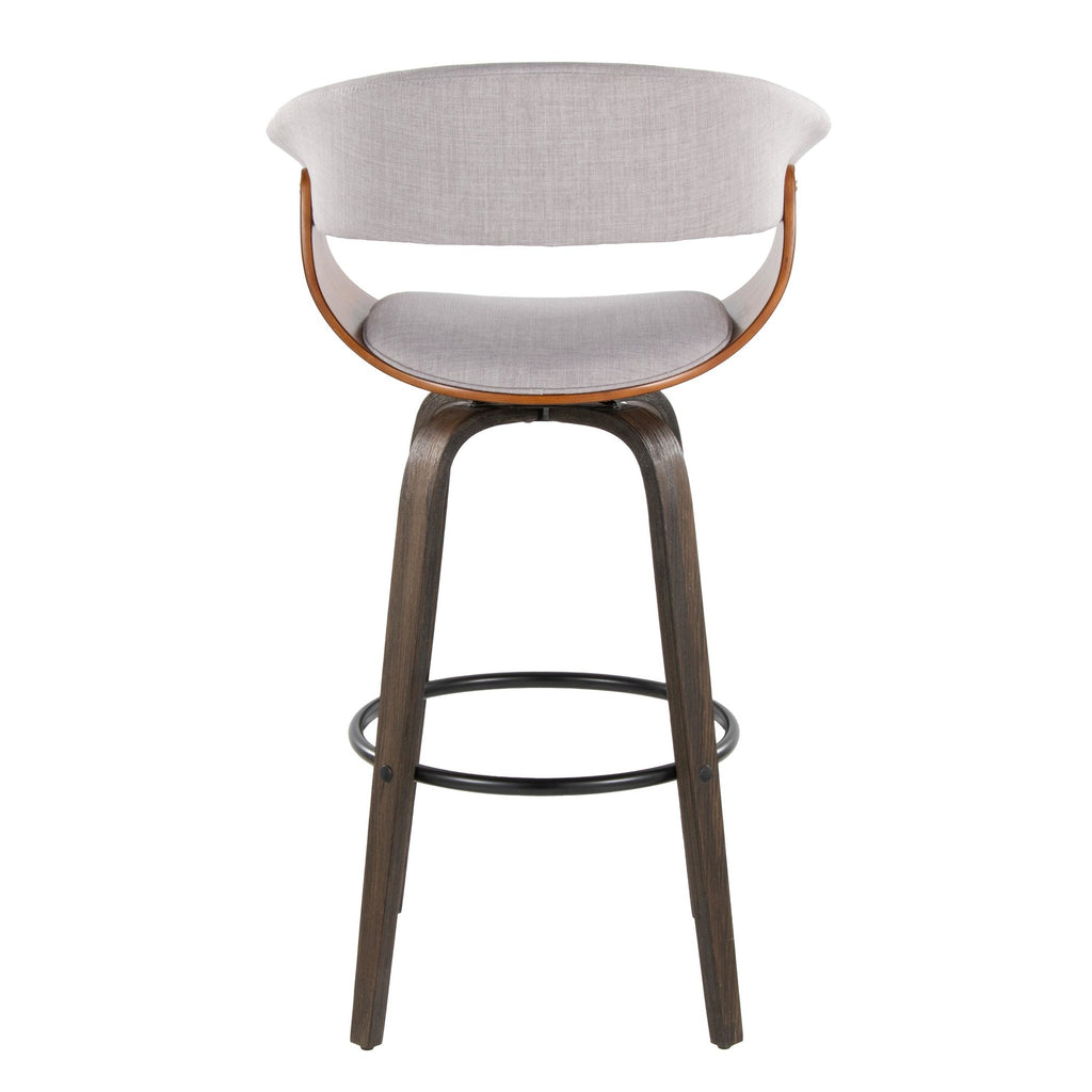 Vintage Mod 30" Fixed-Height Barstool - Set of 2 - Black Metal, Walnut Wood, Stone Fabric, Walnut Glazed Wood