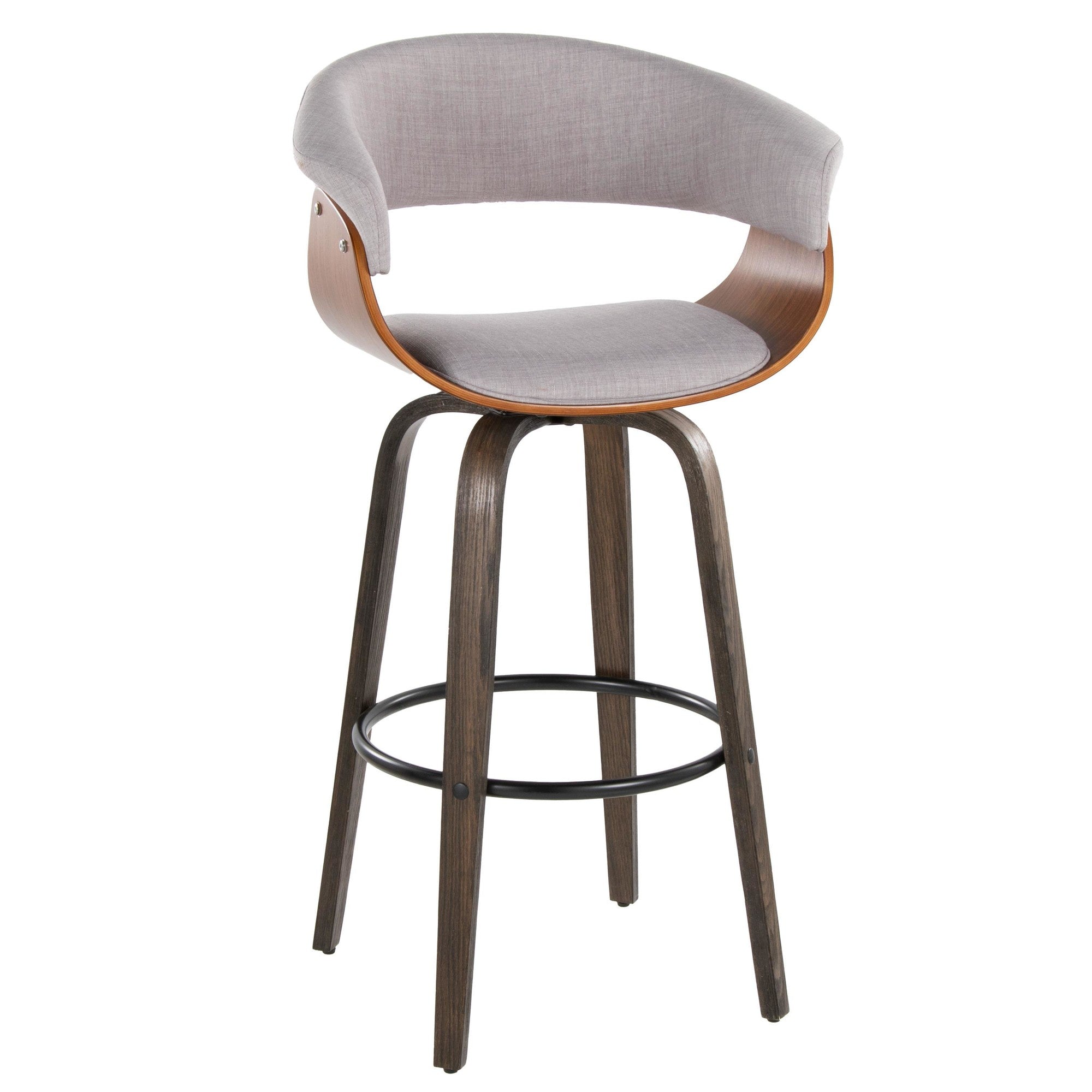 Vintage Mod 30" Fixed-Height Barstool - Set of 2 - Black Metal, Walnut Wood, Stone Fabric, Walnut Glazed Wood