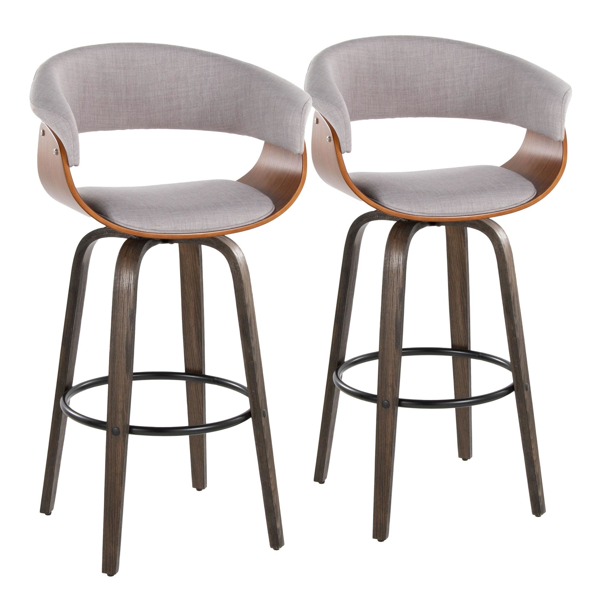 Vintage Mod 30" Fixed-Height Barstool - Set of 2 - Black Metal, Walnut Wood, Stone Fabric, Walnut Glazed Wood