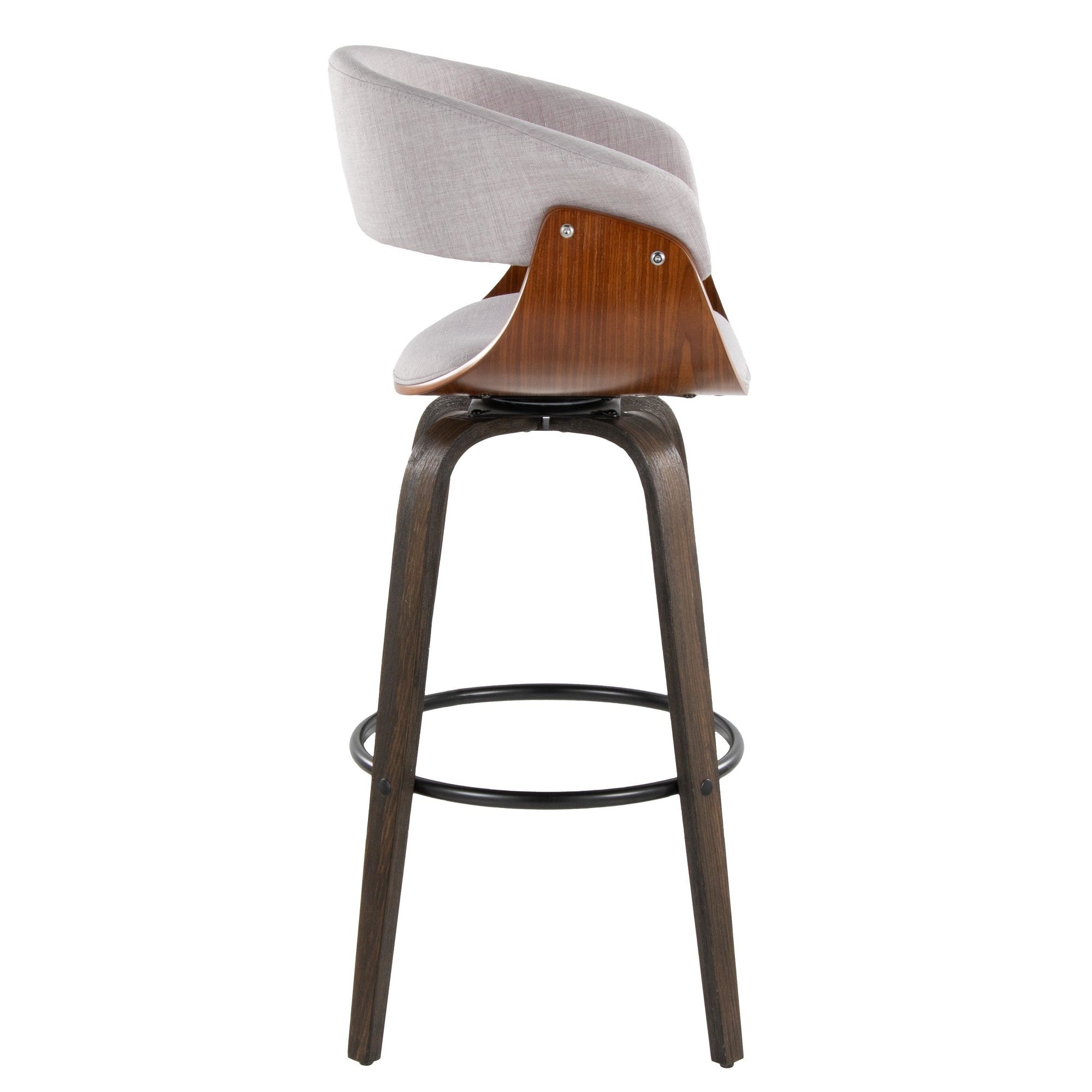 Vintage Mod 30" Fixed-Height Barstool - Set of 2 - Black Metal, Walnut Wood, Stone Fabric, Walnut Glazed Wood