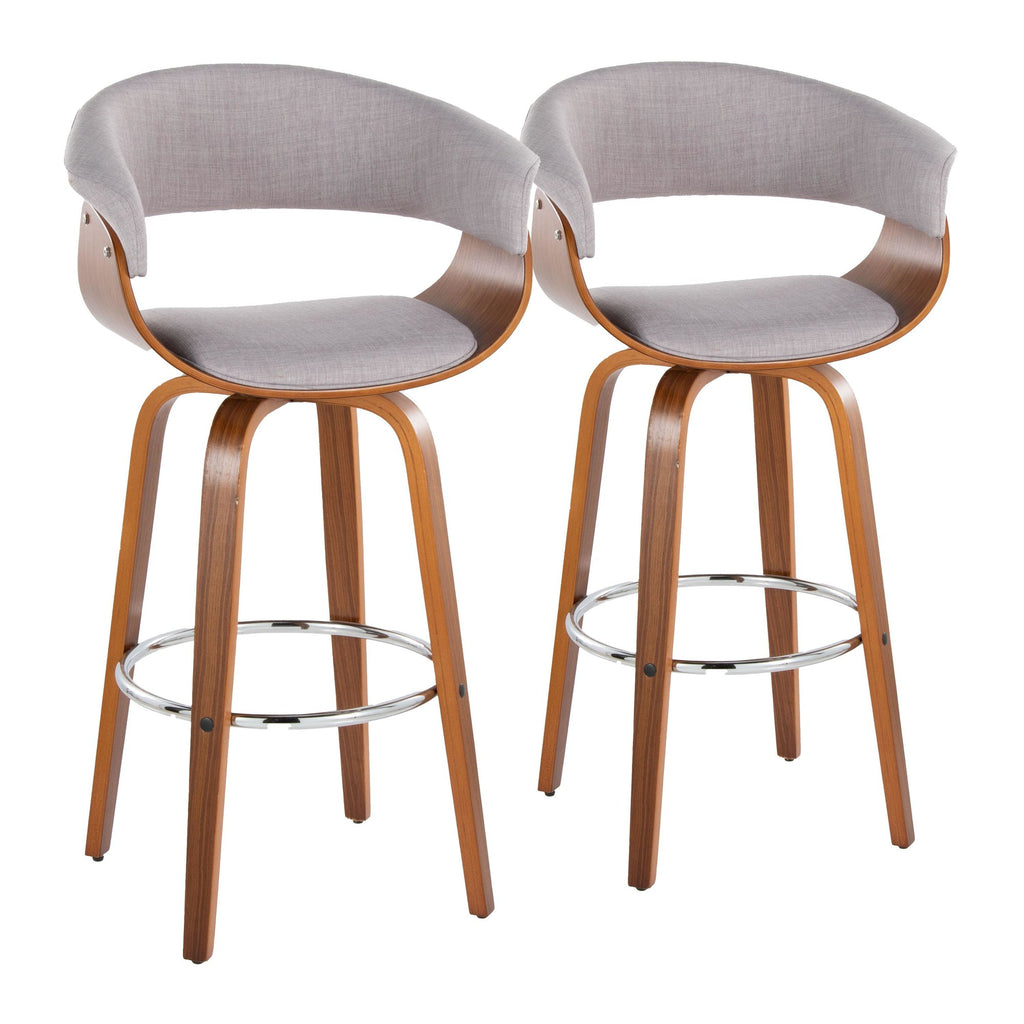 Vintage Mod 30" Fixed-Height Barstool - Set of 2 - Walnut Wood, Stone Fabric, Chrome