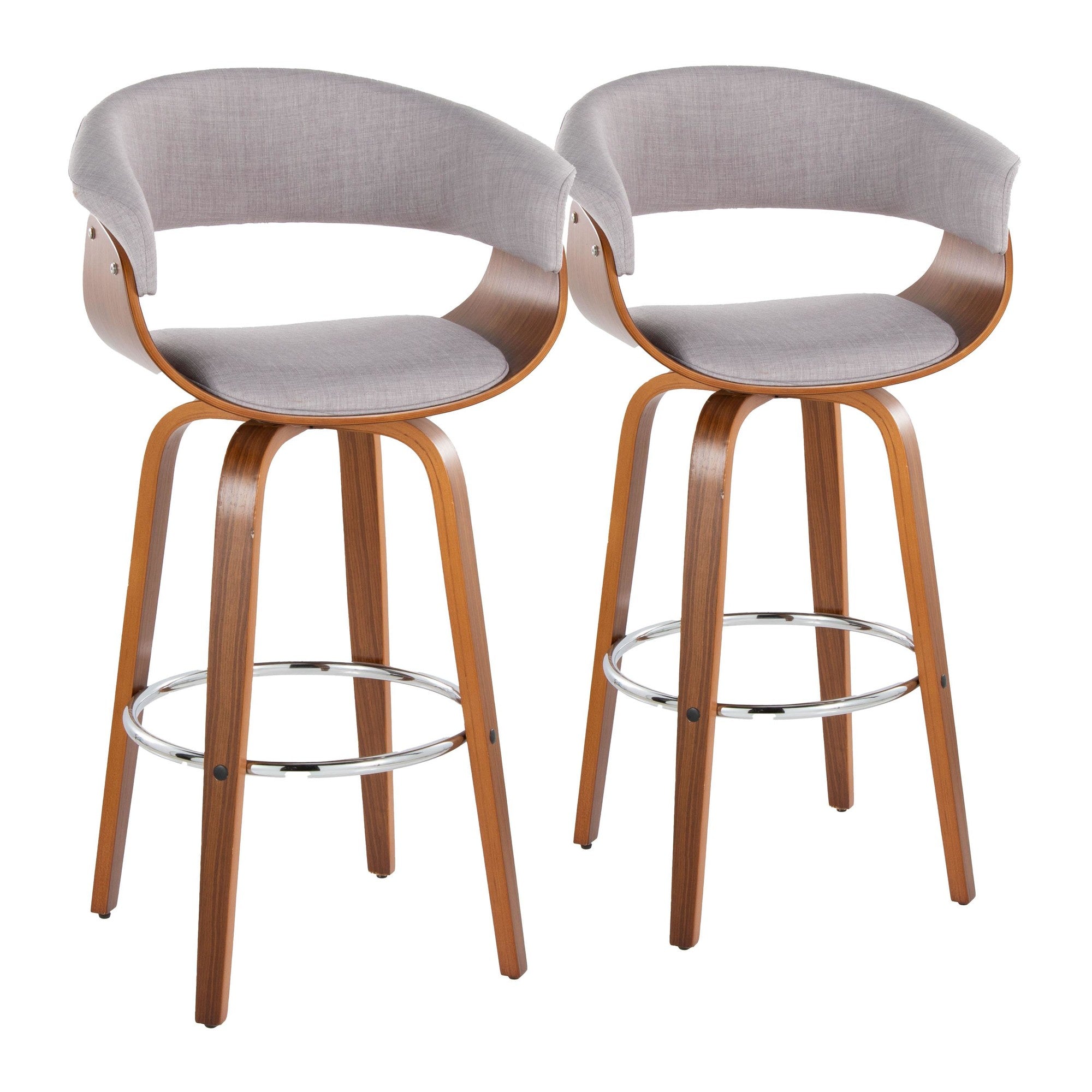 Vintage Mod 30" Fixed-Height Barstool - Set of 2 - Walnut Wood, Stone Fabric, Chrome