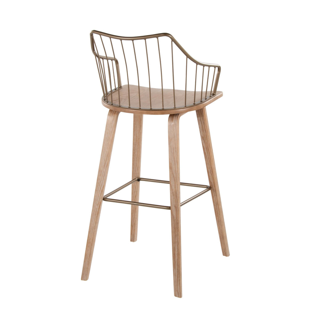 Winston 30" Fixed-Height Barstool - Whitewashed Wood, Antique Copper Metal