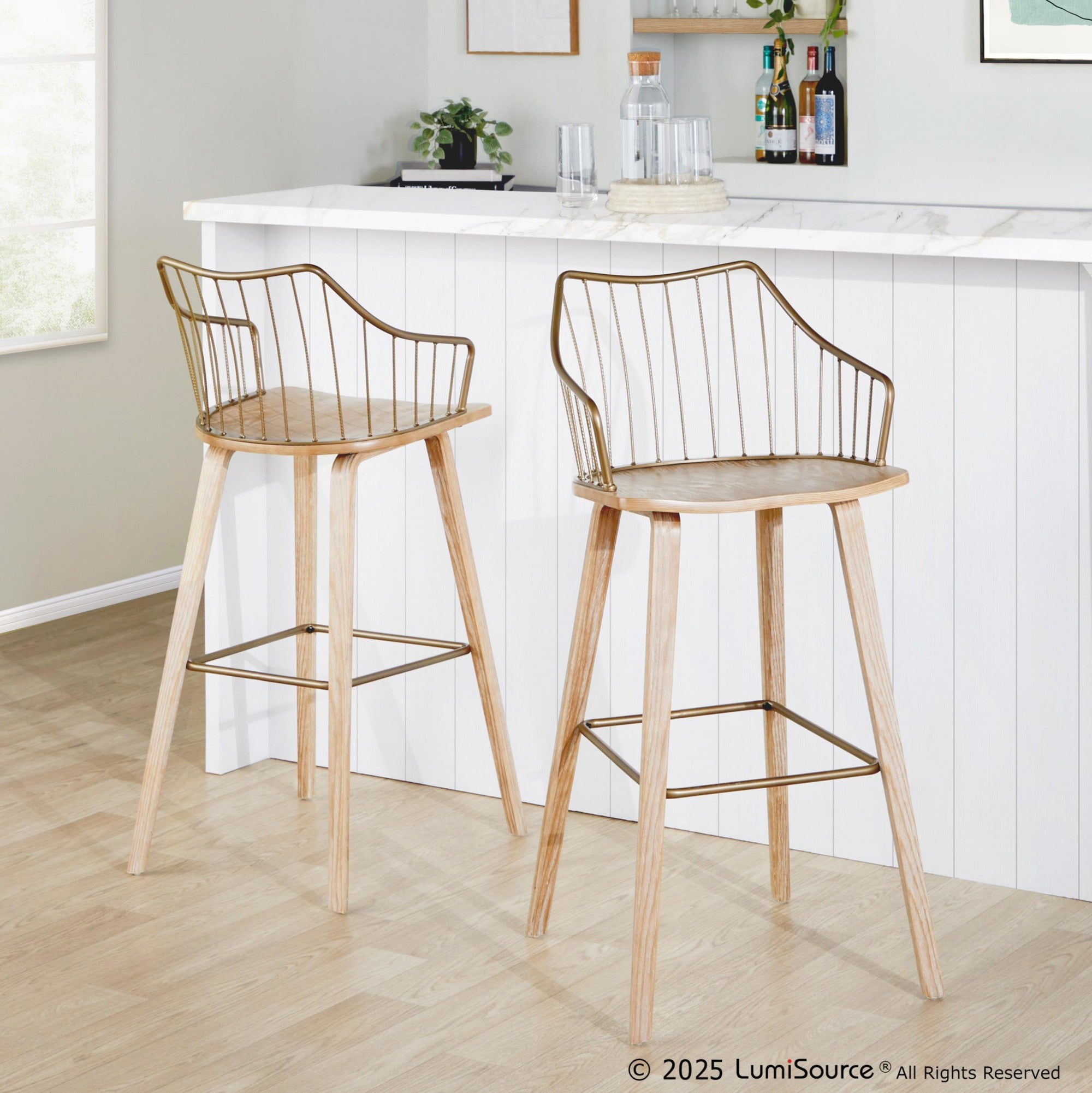 Winston 30" Fixed-Height Barstool - Whitewashed Wood, Antique Copper Metal