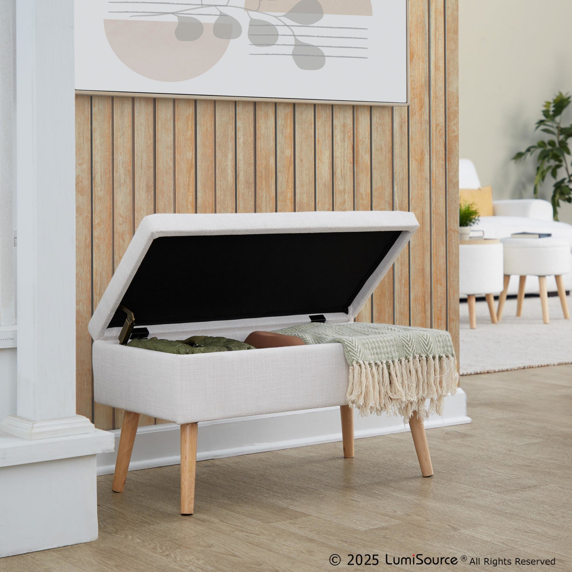 Storage Bench - Natural Wood, Beige Fabric