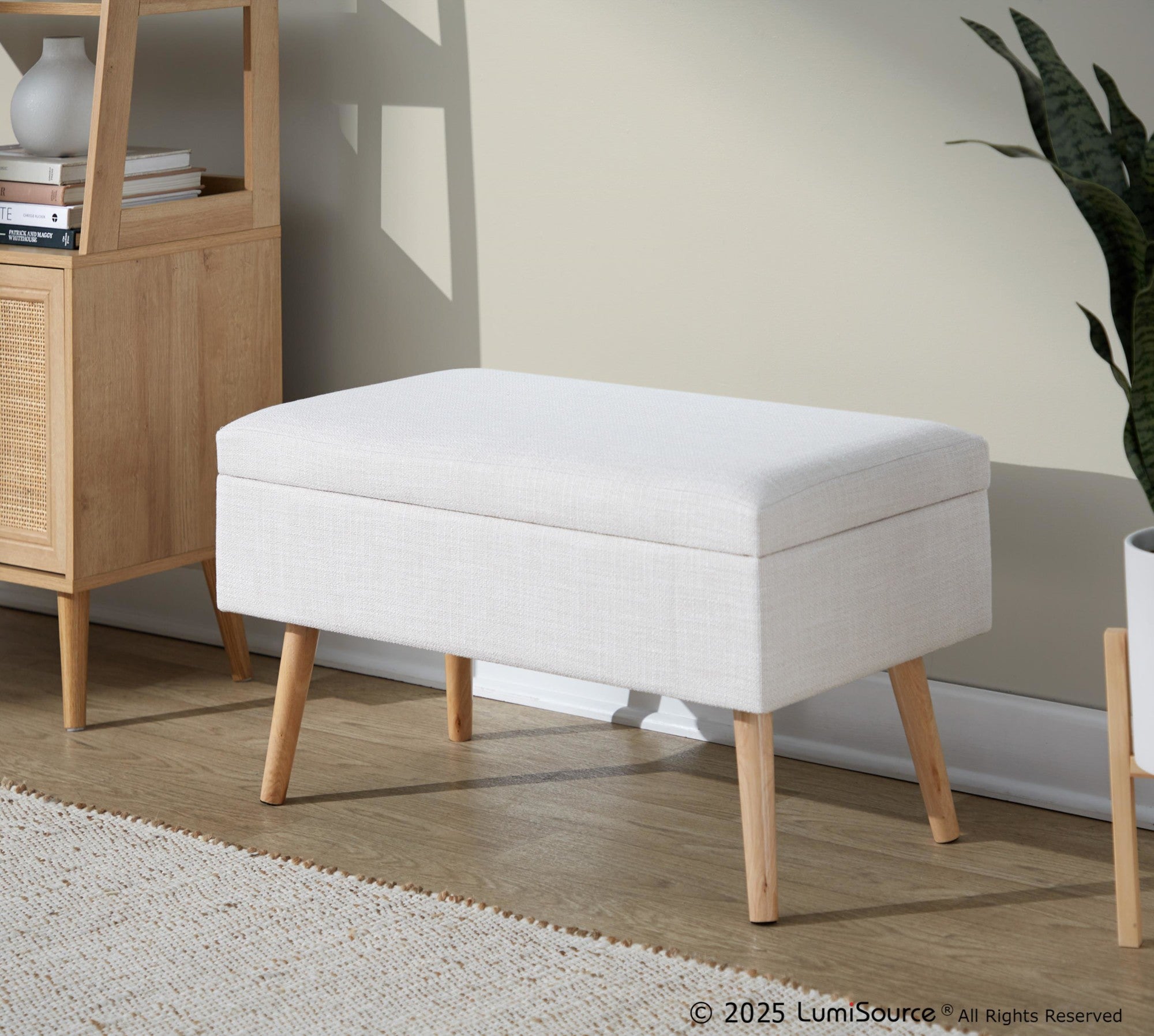 Storage Bench - Natural Wood, Beige Fabric