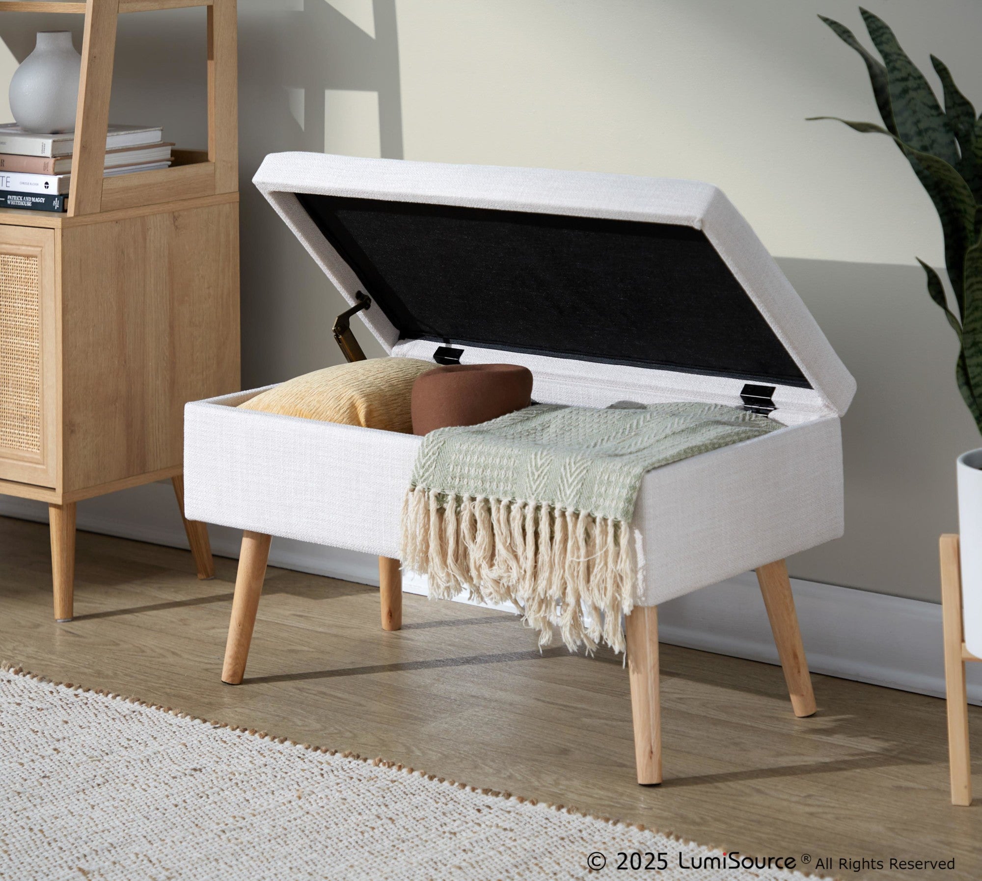 Storage Bench - Natural Wood, Beige Fabric