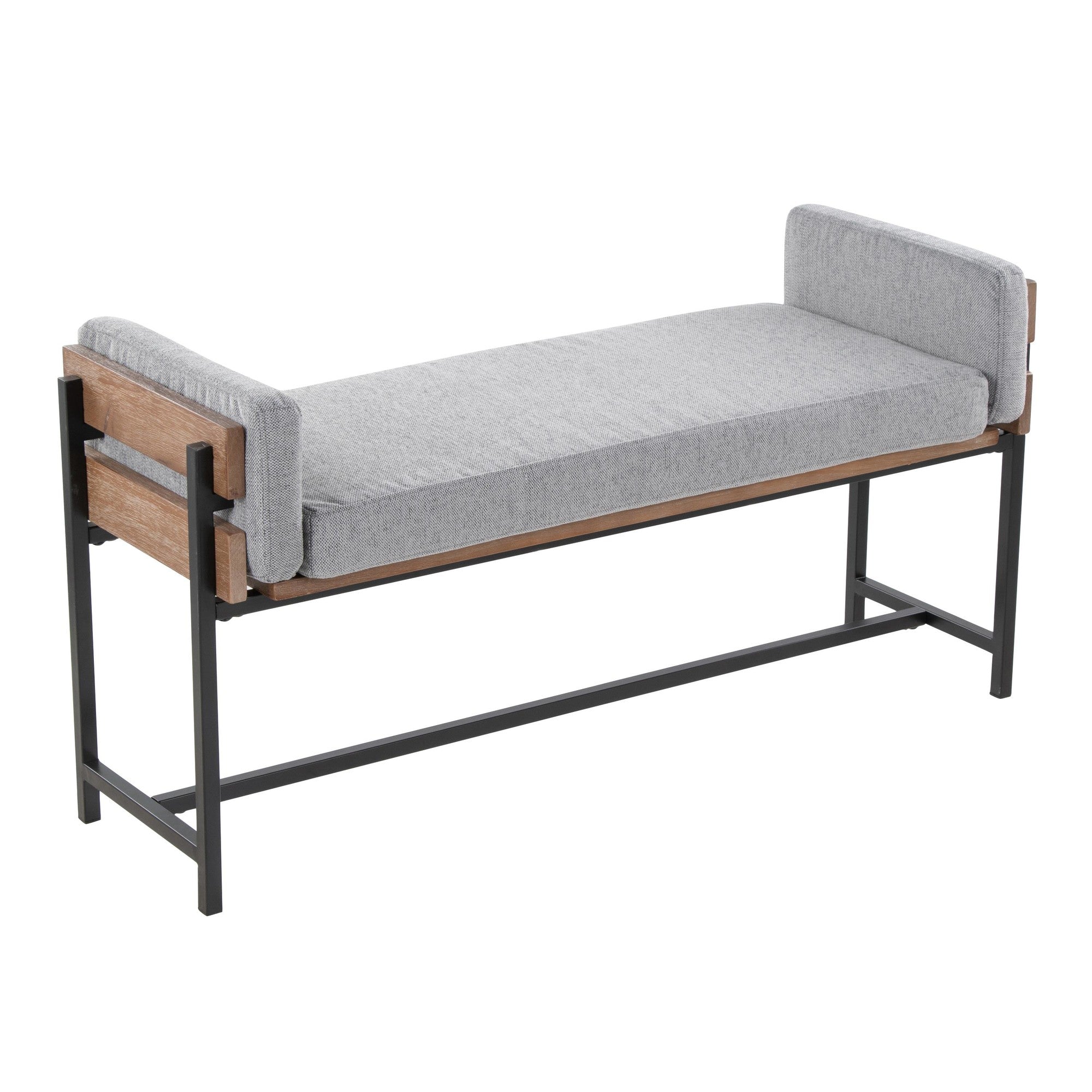 Kari Bench - Black Metal, Brown Wood, Light Grey Fabric