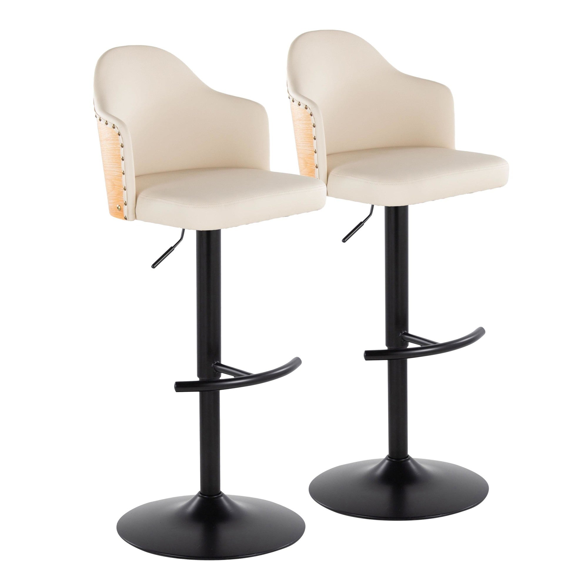 Ahoy Adjustable Barstool - Set of 2 - Black Metal, Natural Bamboo, Cream PU