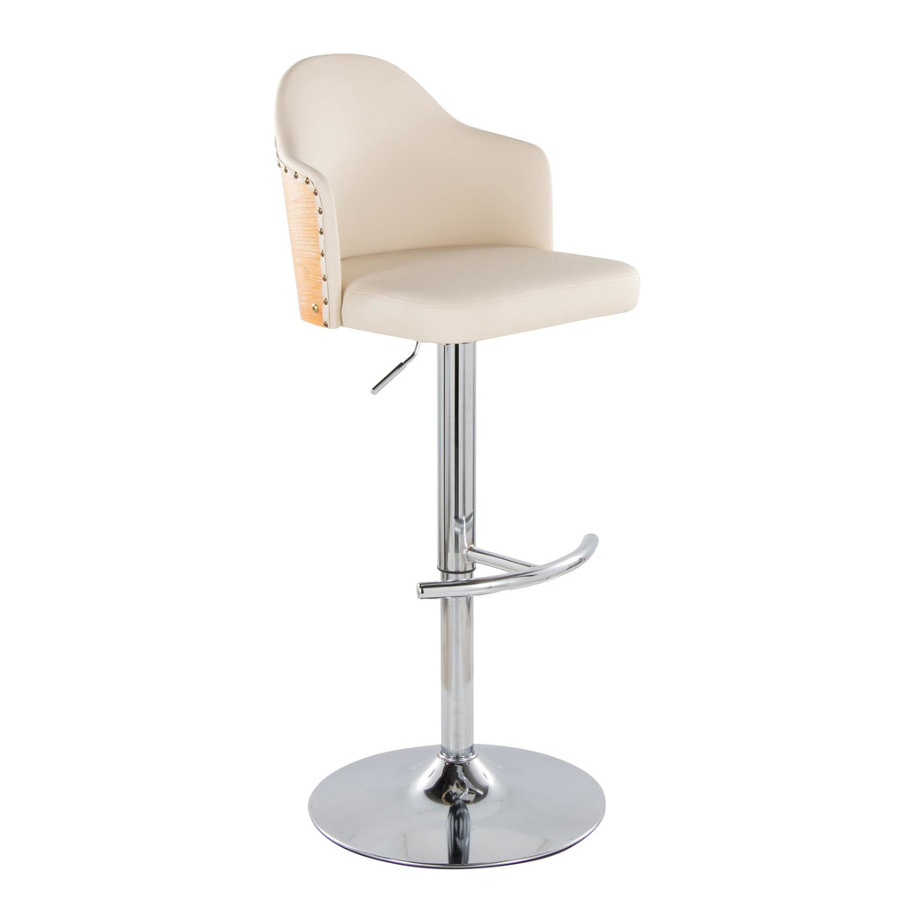 Ahoy Adjustable Barstool - Set of 2 - Chrome Metal, Natural Bamboo, Cream PU