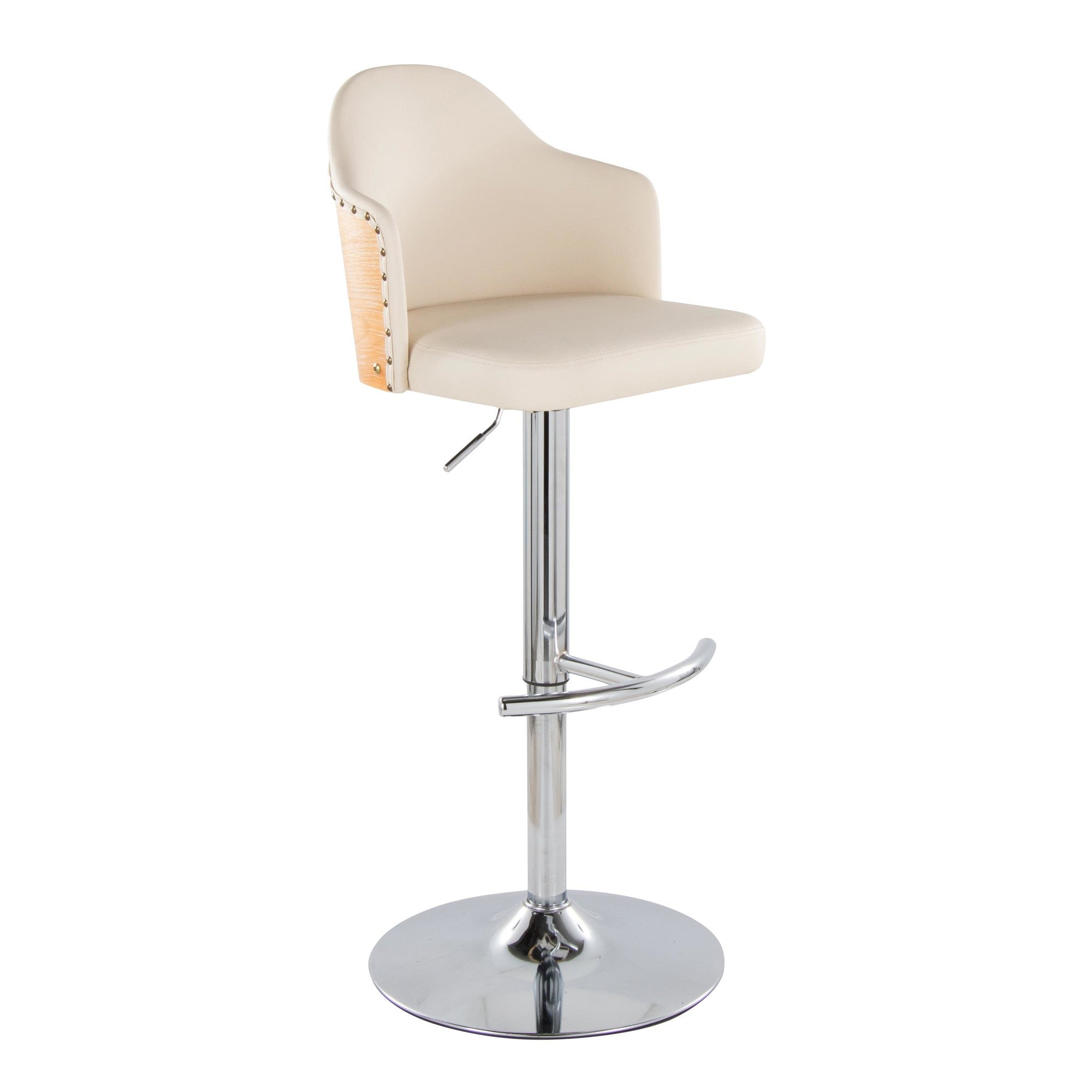 Ahoy Adjustable Barstool - Set of 2 - Chrome Metal, Natural Bamboo, Cream PU