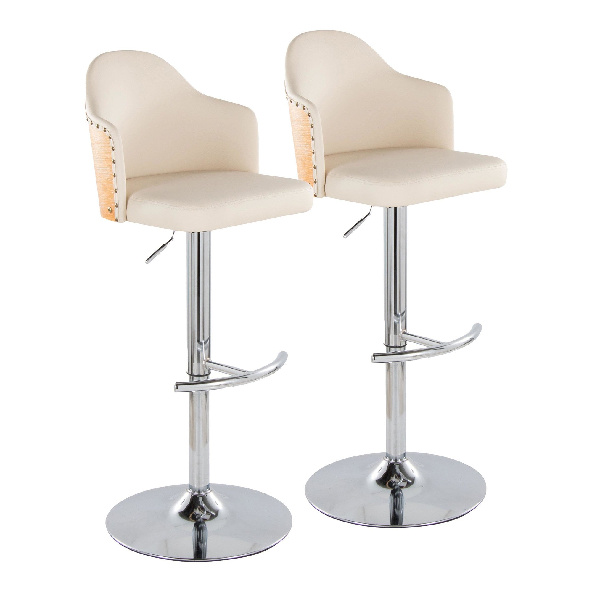 Ahoy Adjustable Barstool - Set of 2 - Chrome Metal, Natural Bamboo, Cream PU