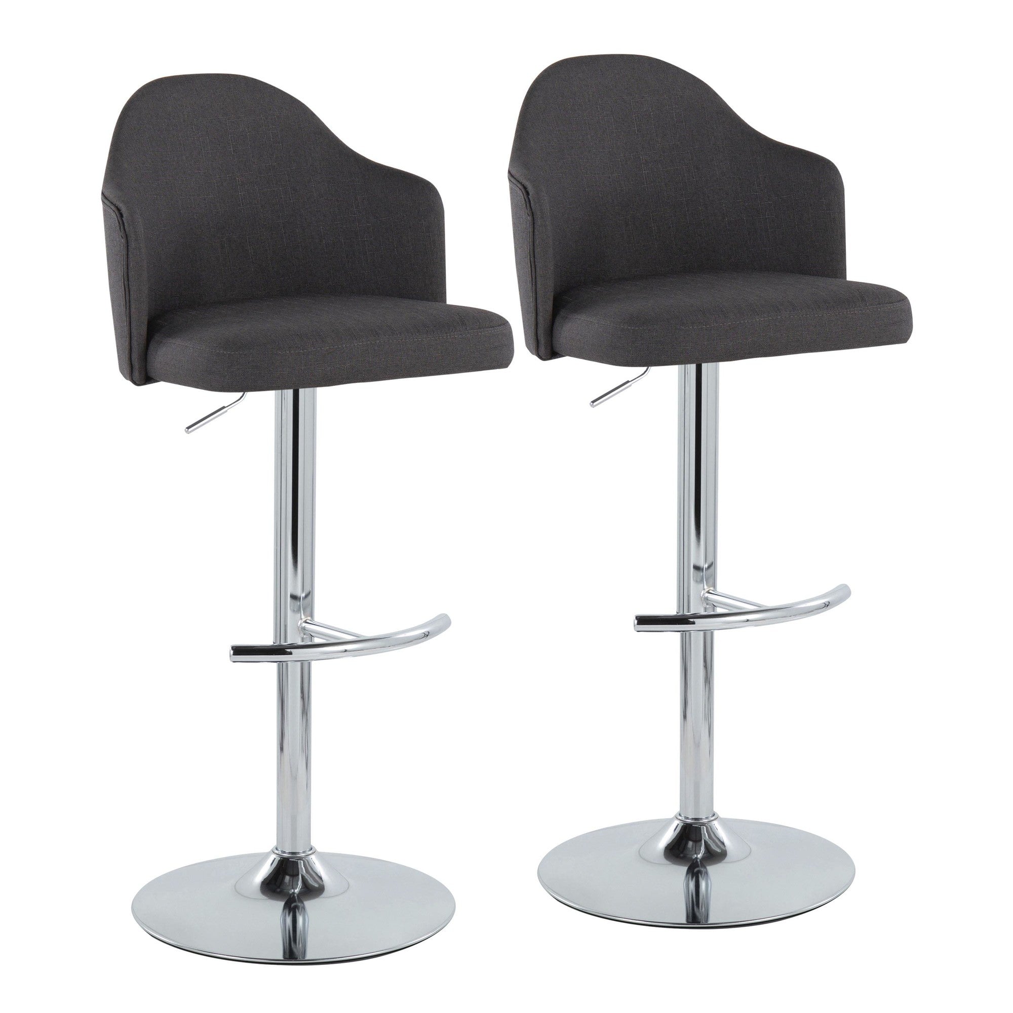 Ahoy Adjustable Barstool - Set of 2 - Chrome Metal, Charcoal Fabric
