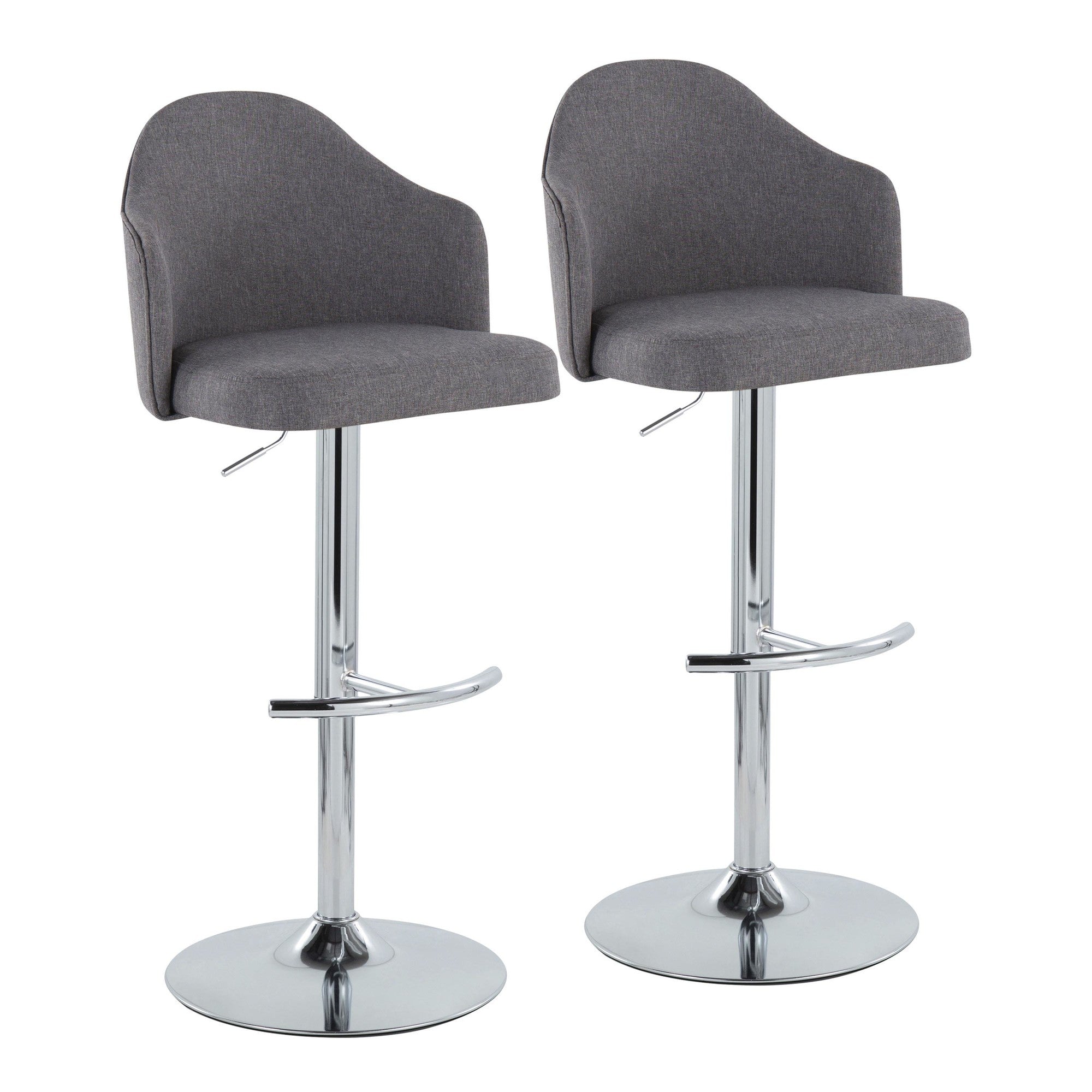 Ahoy Adjustable Barstool - Set of 2 - Chrome Metal, Grey Fabric
