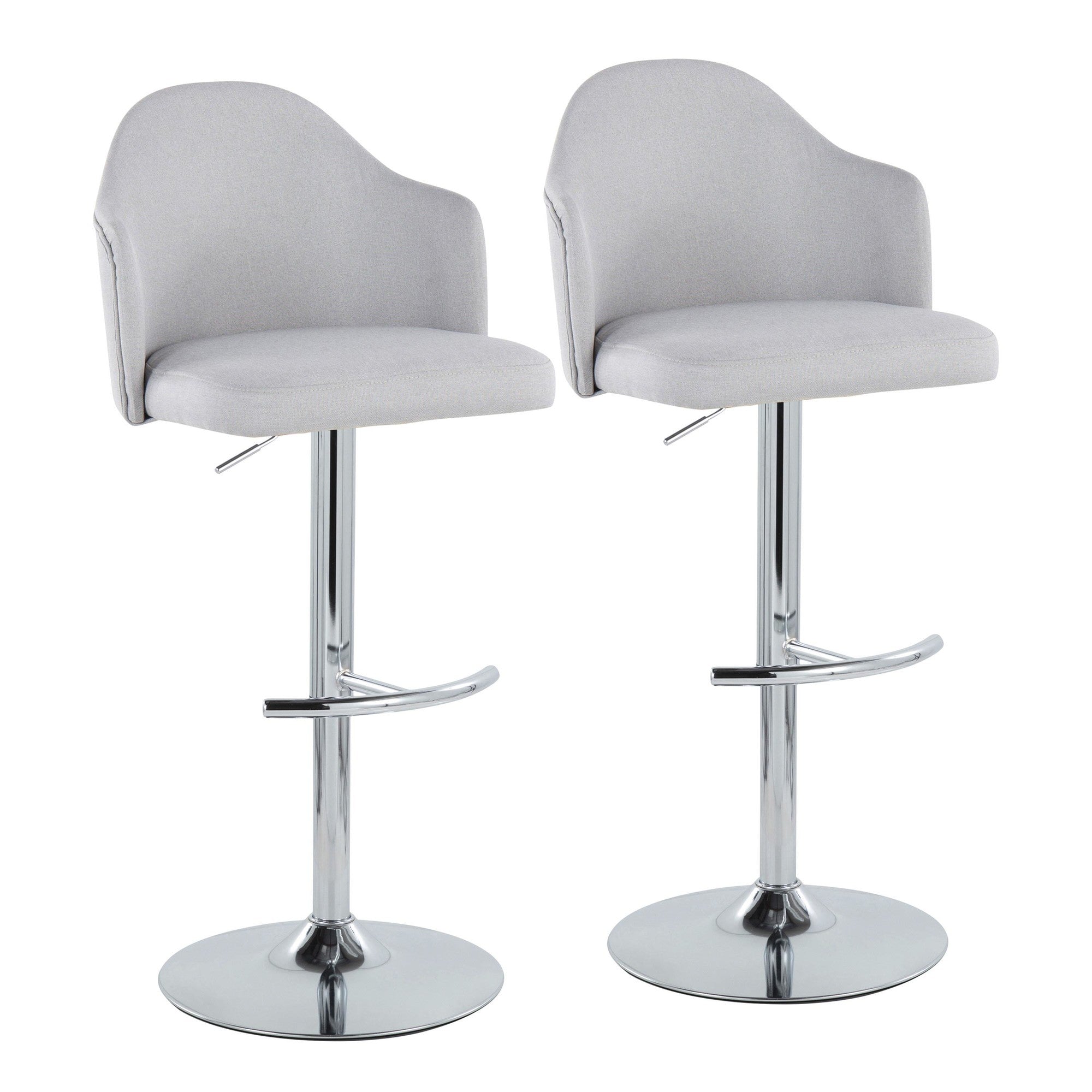 Ahoy Adjustable Barstool - Set of 2 - Chrome Metal, Light Grey Fabric