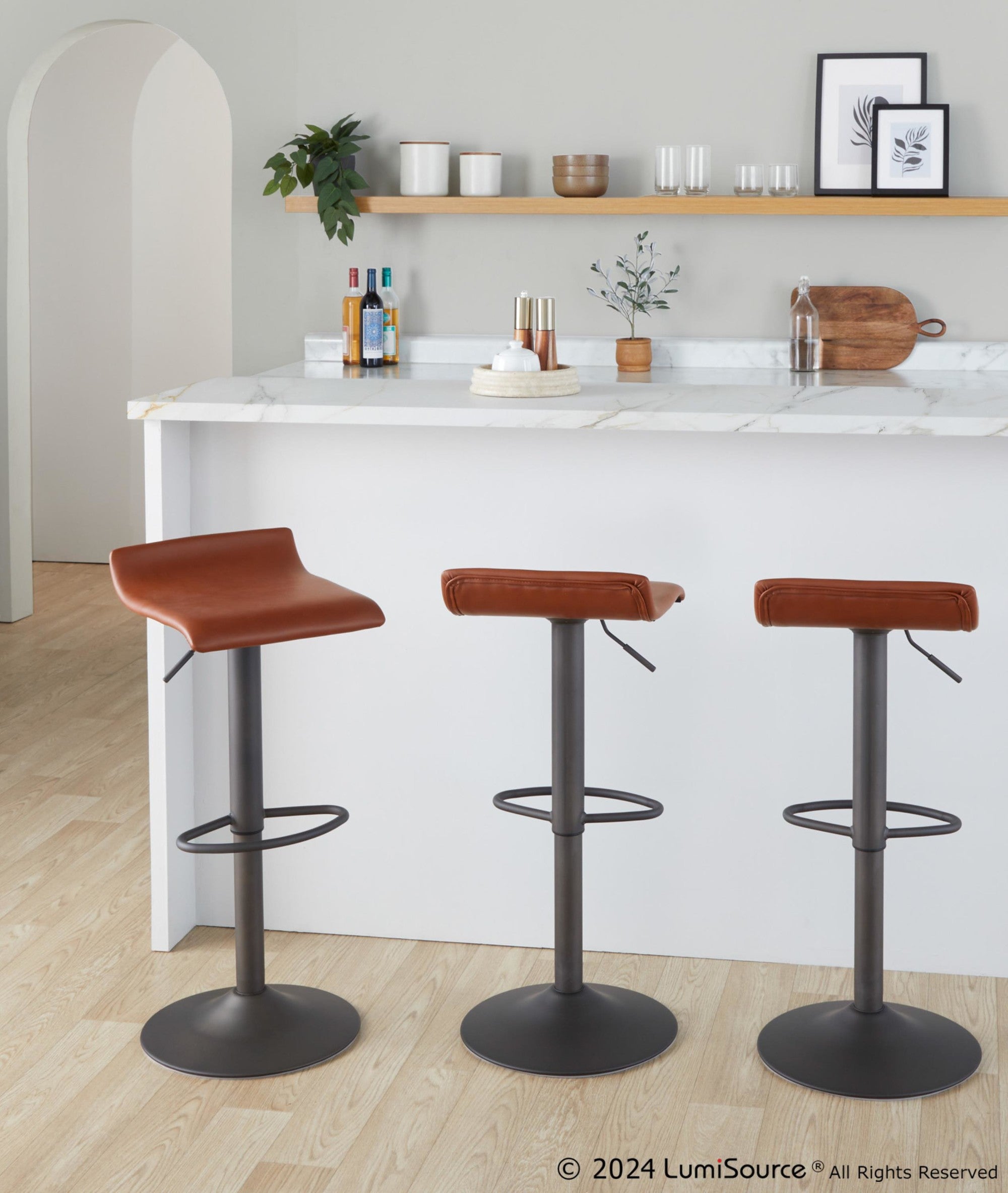 Ale Adjustable Barstool - Set of 2 - Antique Metal, Brown PU