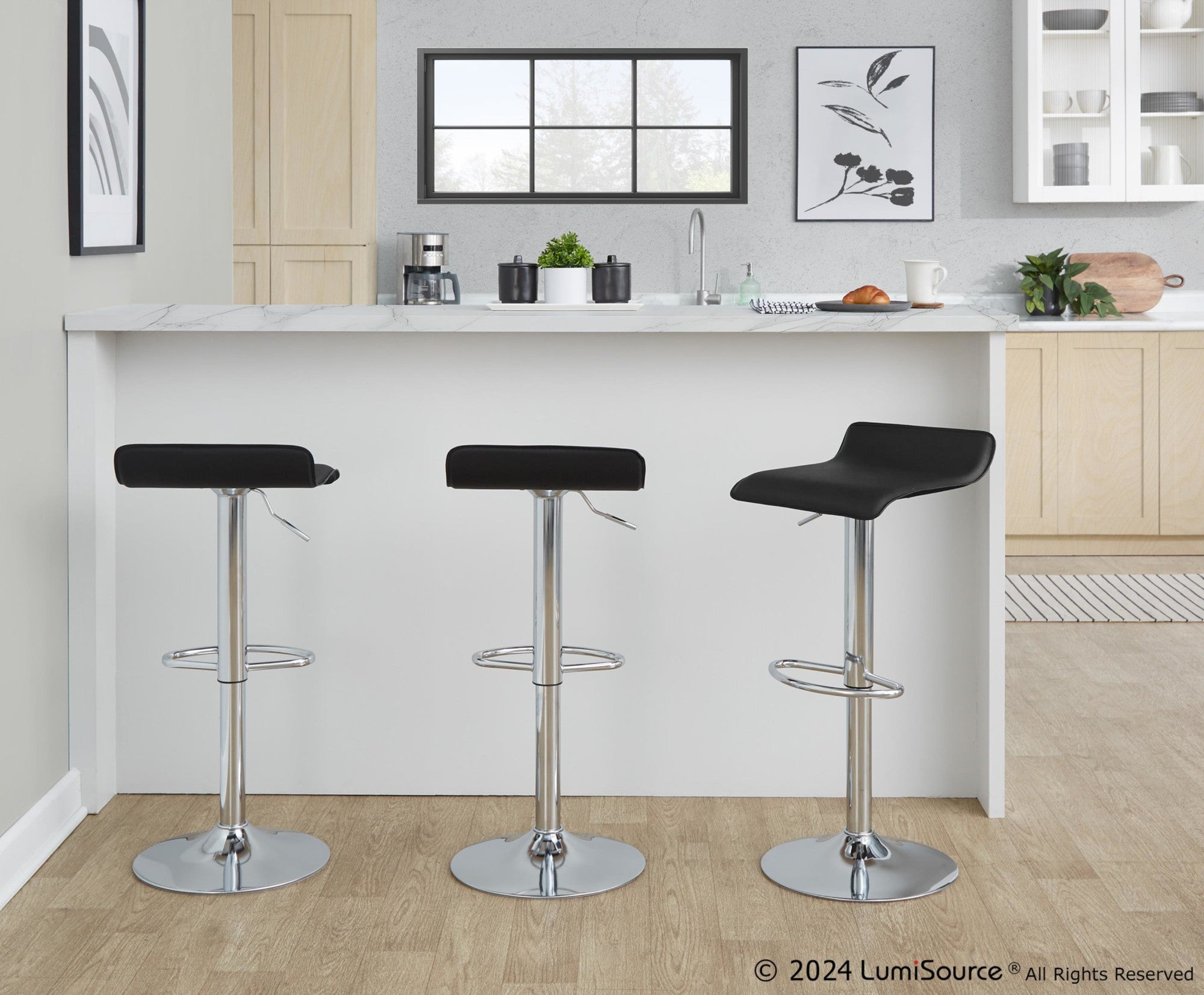 Ale Adjustable Barstool - Set of 2 - Chrome Metal, Black Pvc