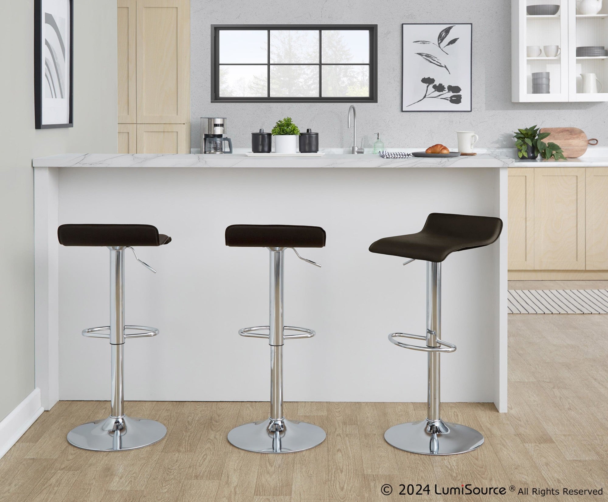 Ale Adjustable Barstool - Set of 2 - Chrome Metal, Brown Pvc