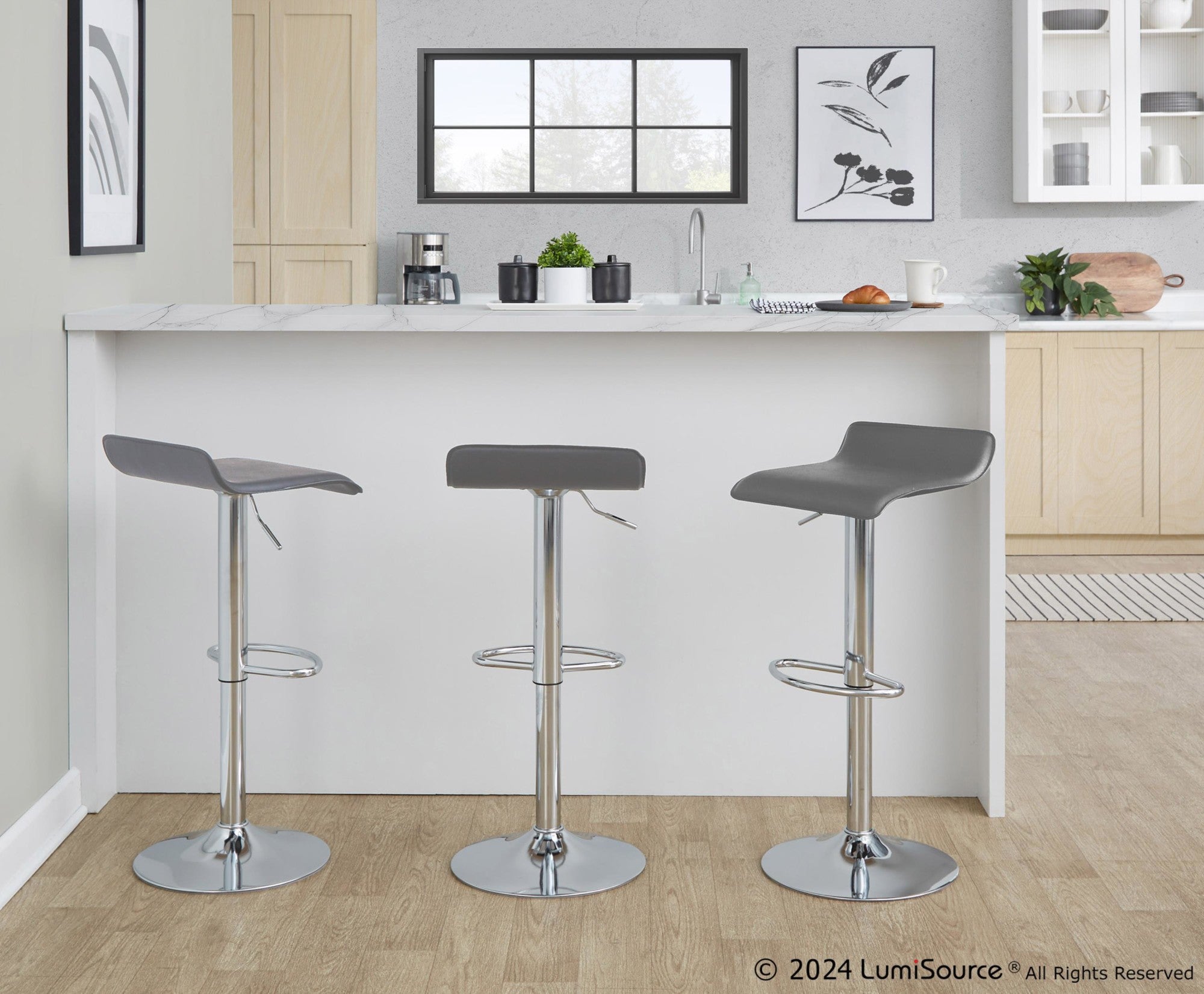 Ale Adjustable Barstool - Set of 2 - Chrome Metal, Grey Pvc