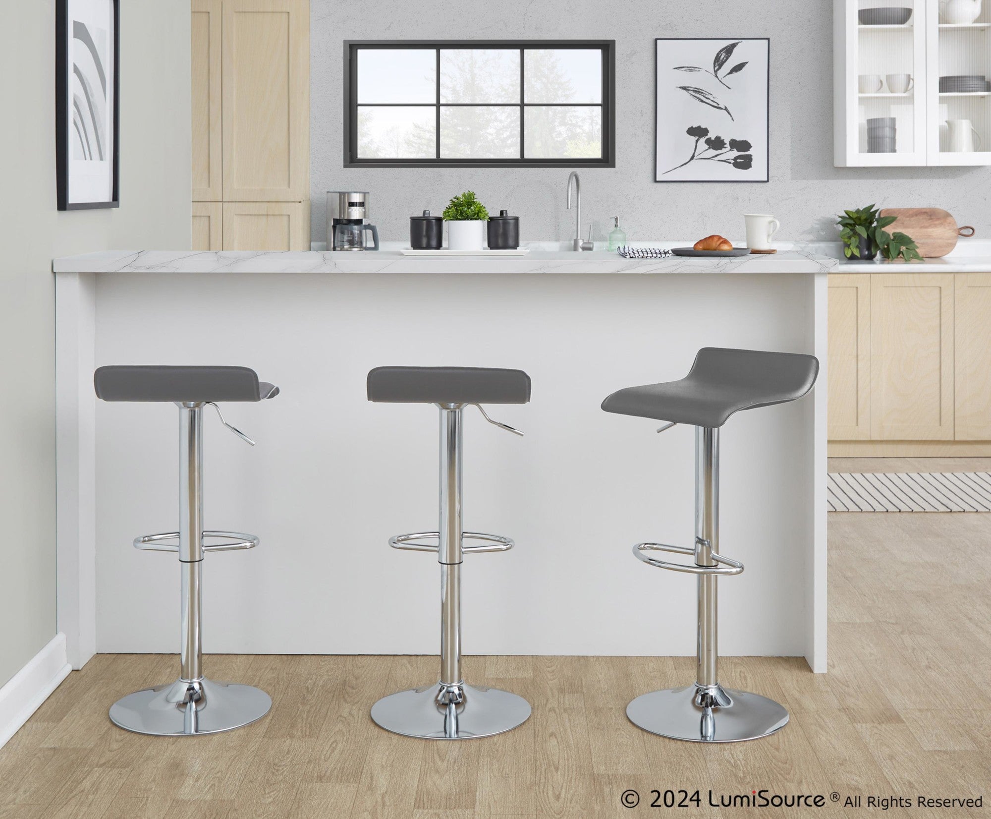 Ale Adjustable Barstool - Set of 2 - Chrome Metal, Grey Pvc
