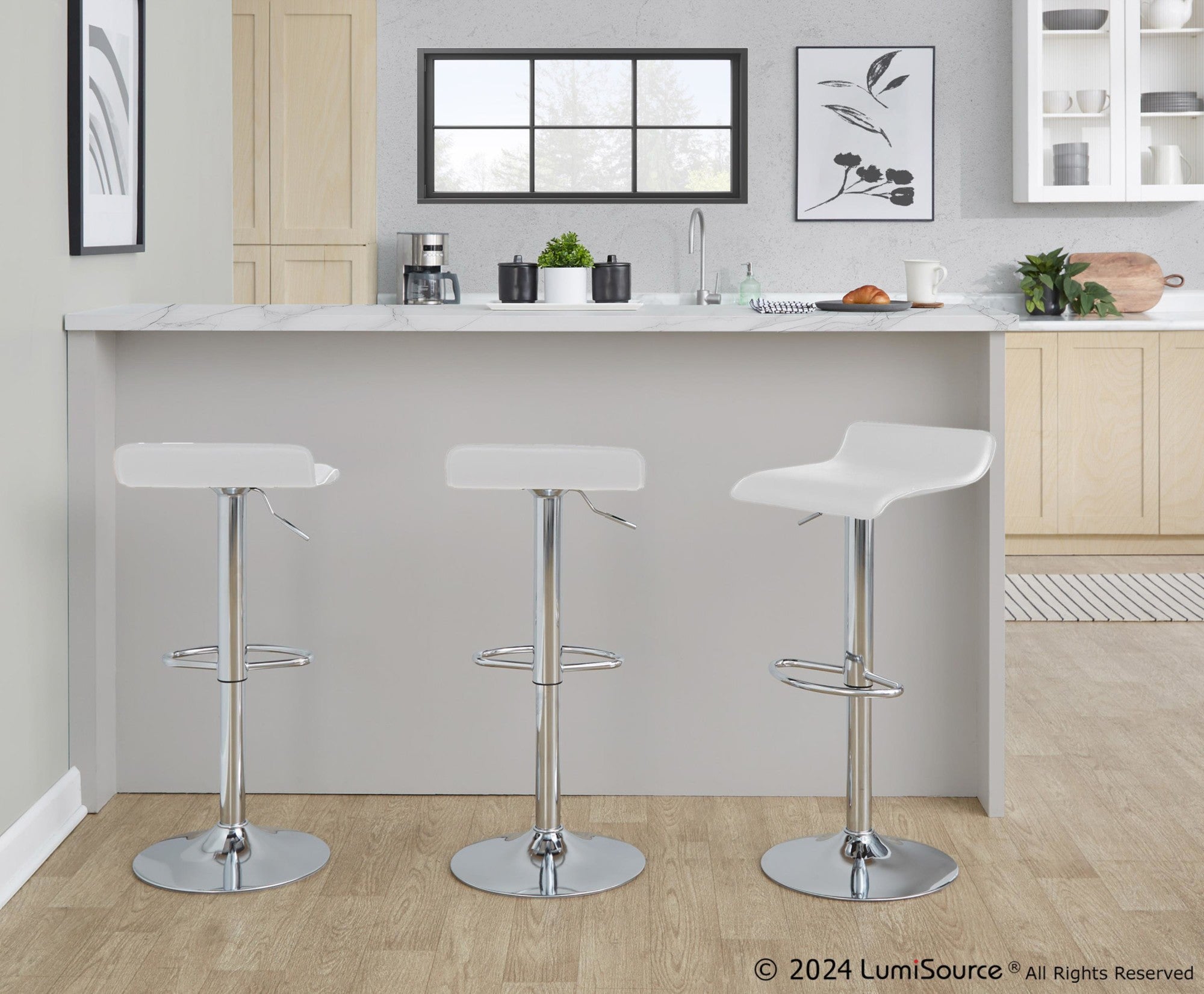 Ale Adjustable Barstool - Set of 2 - Chrome Metal, White Pvc