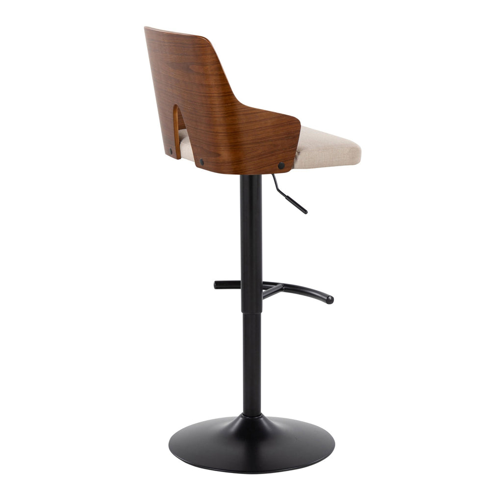 Ariana Adjustable Barstool - Set of 2 - Black Metal, Walnut Wood, Beige Fabric