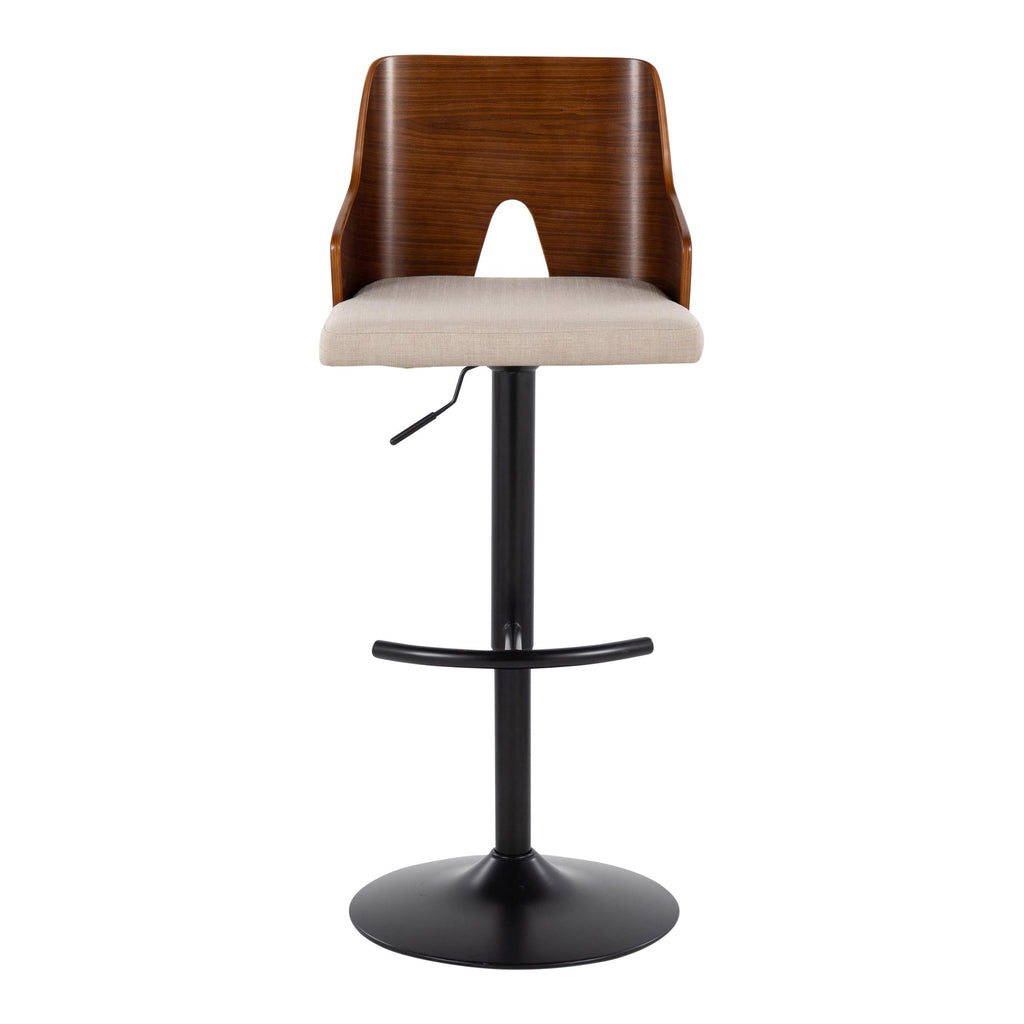 Ariana Adjustable Barstool - Set of 2 - Black Metal, Walnut Wood, Beige Fabric