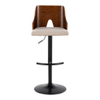 Ariana Adjustable Barstool - Set of 2 - Black Metal, Walnut Wood, Beige Fabric