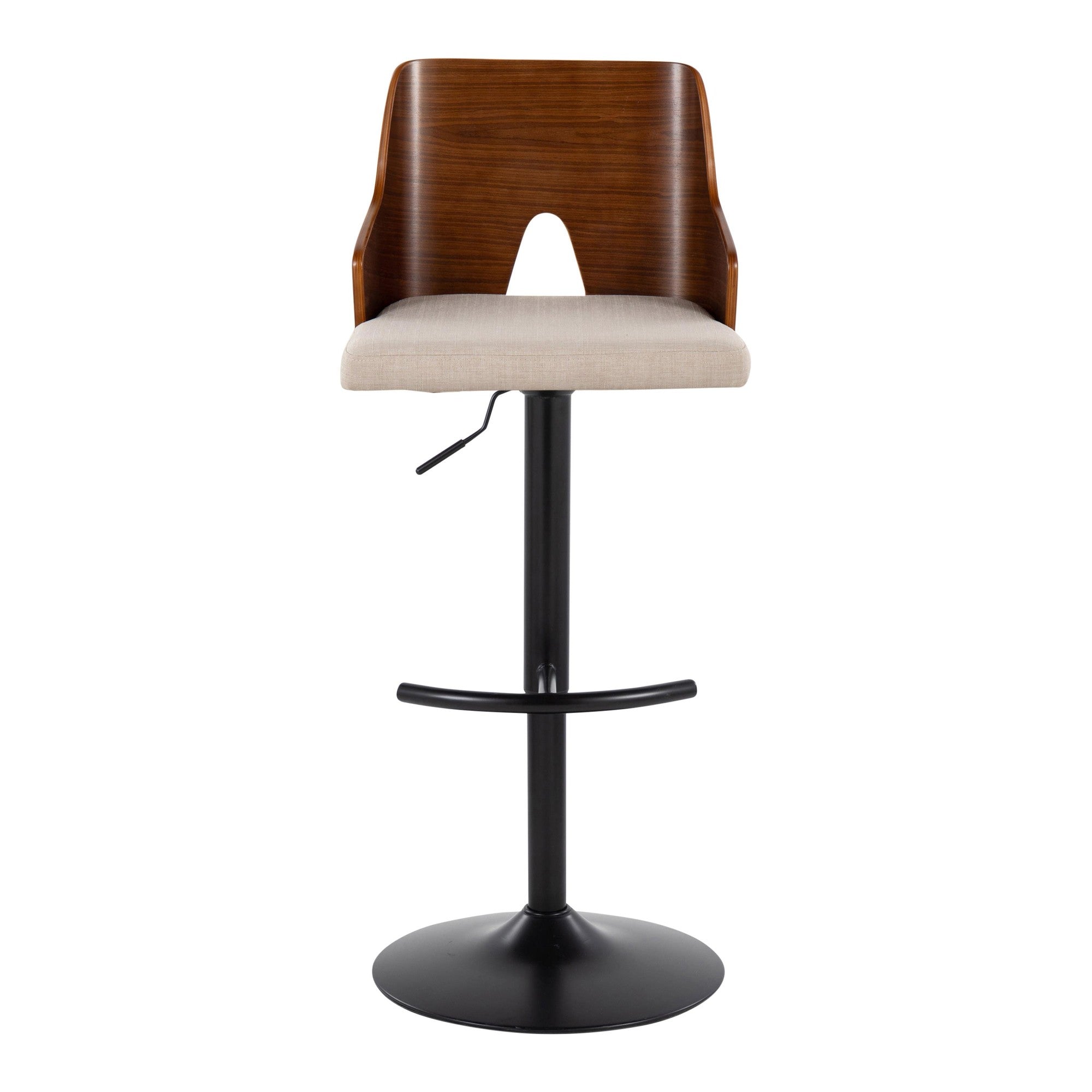 Ariana Adjustable Barstool - Set of 2 - Black Metal, Walnut Wood, Beige Fabric