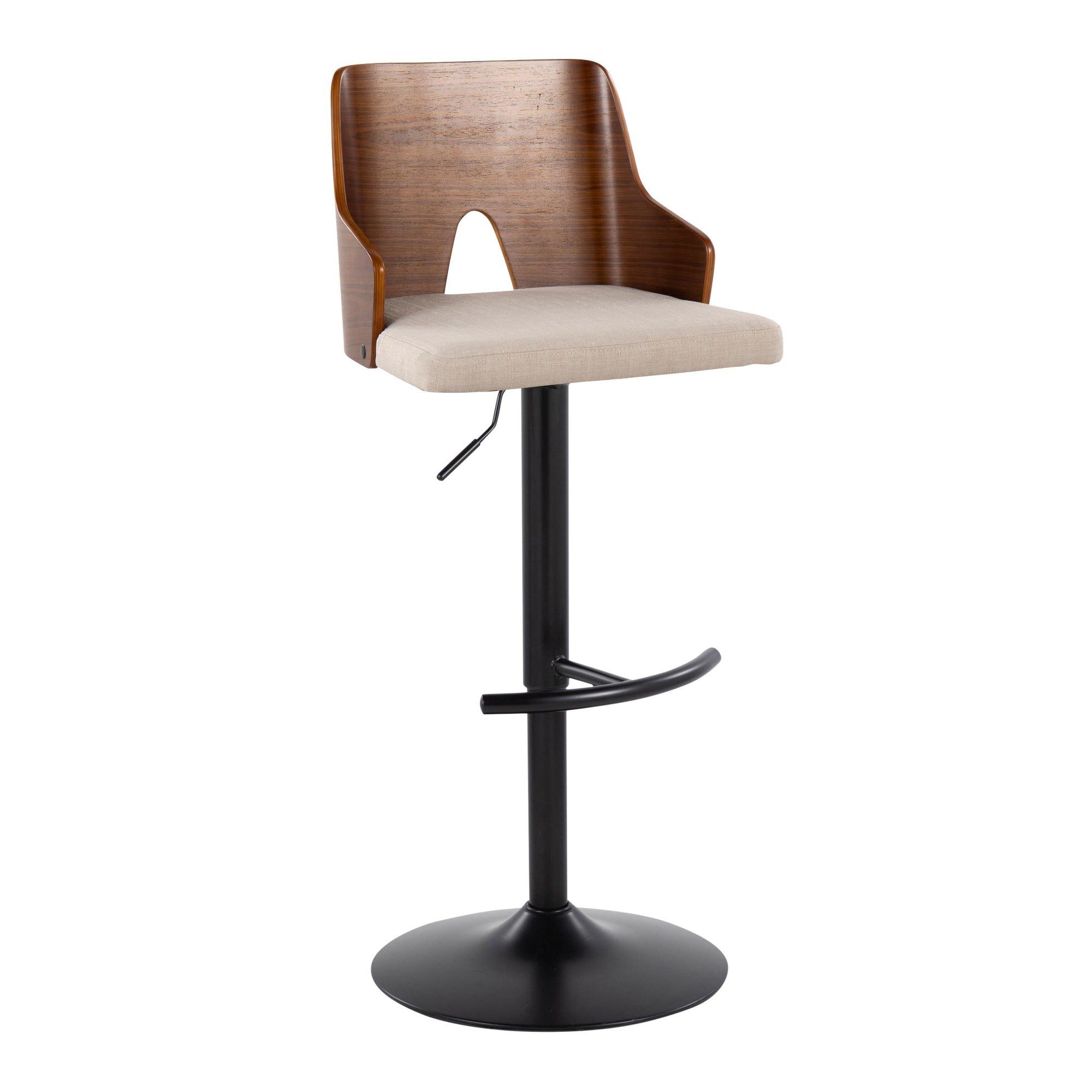 Ariana Adjustable Barstool - Set of 2 - Black Metal, Walnut Wood, Beige Fabric