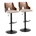 Ariana Adjustable Barstool - Set of 2 - Black Metal, Walnut Wood, Beige Fabric