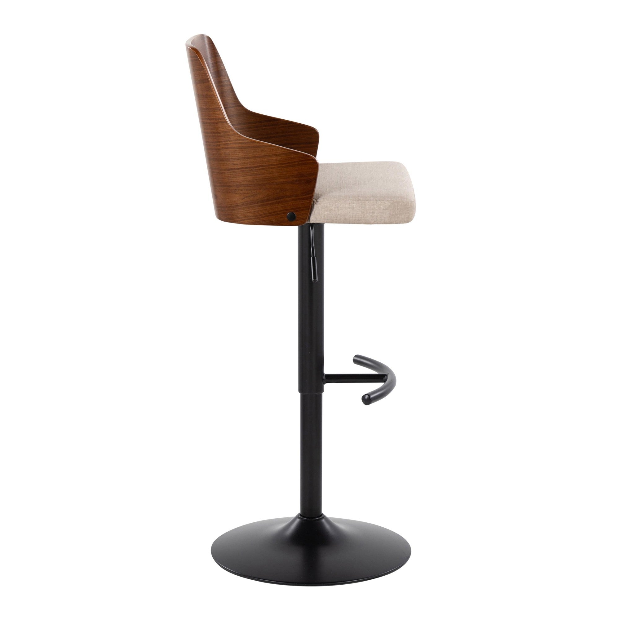 Ariana Adjustable Barstool - Set of 2 - Black Metal, Walnut Wood, Beige Fabric