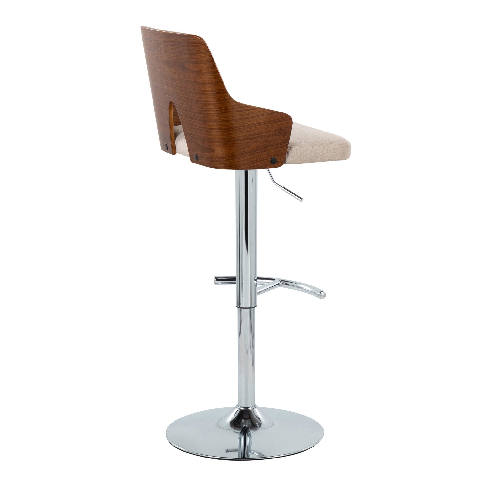 Ariana Adjustable Barstool - Set of 2 - Chrome Metal, Walnut Wood, Beige Fabric
