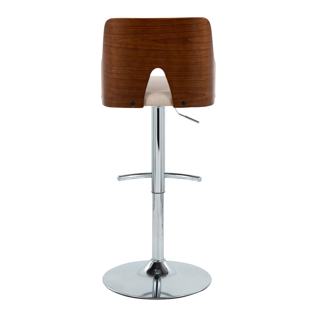 Ariana Adjustable Barstool - Set of 2 - Chrome Metal, Walnut Wood, Beige Fabric